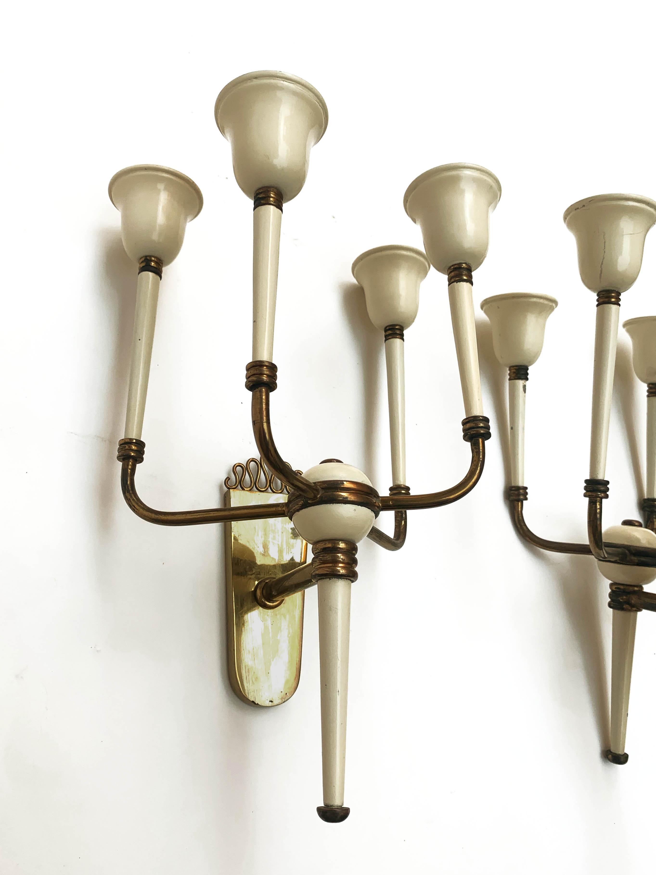 Pair of Brass and White Enameled Italian Sconces Attributed to Ulrich, 1940s 12