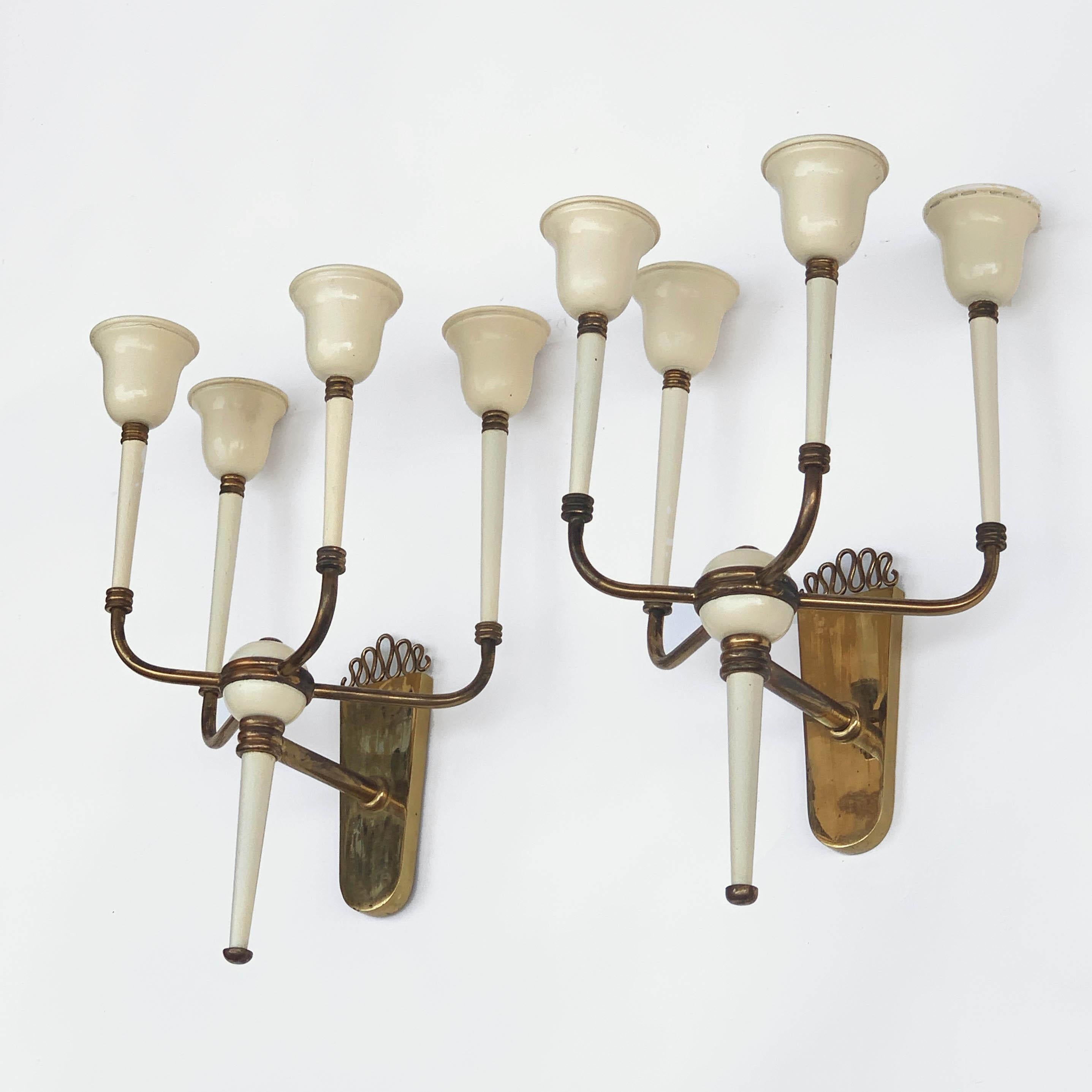 Mid-Century Modern Pair of Brass and White Enameled Italian Sconces Attributed to Ulrich, 1940s