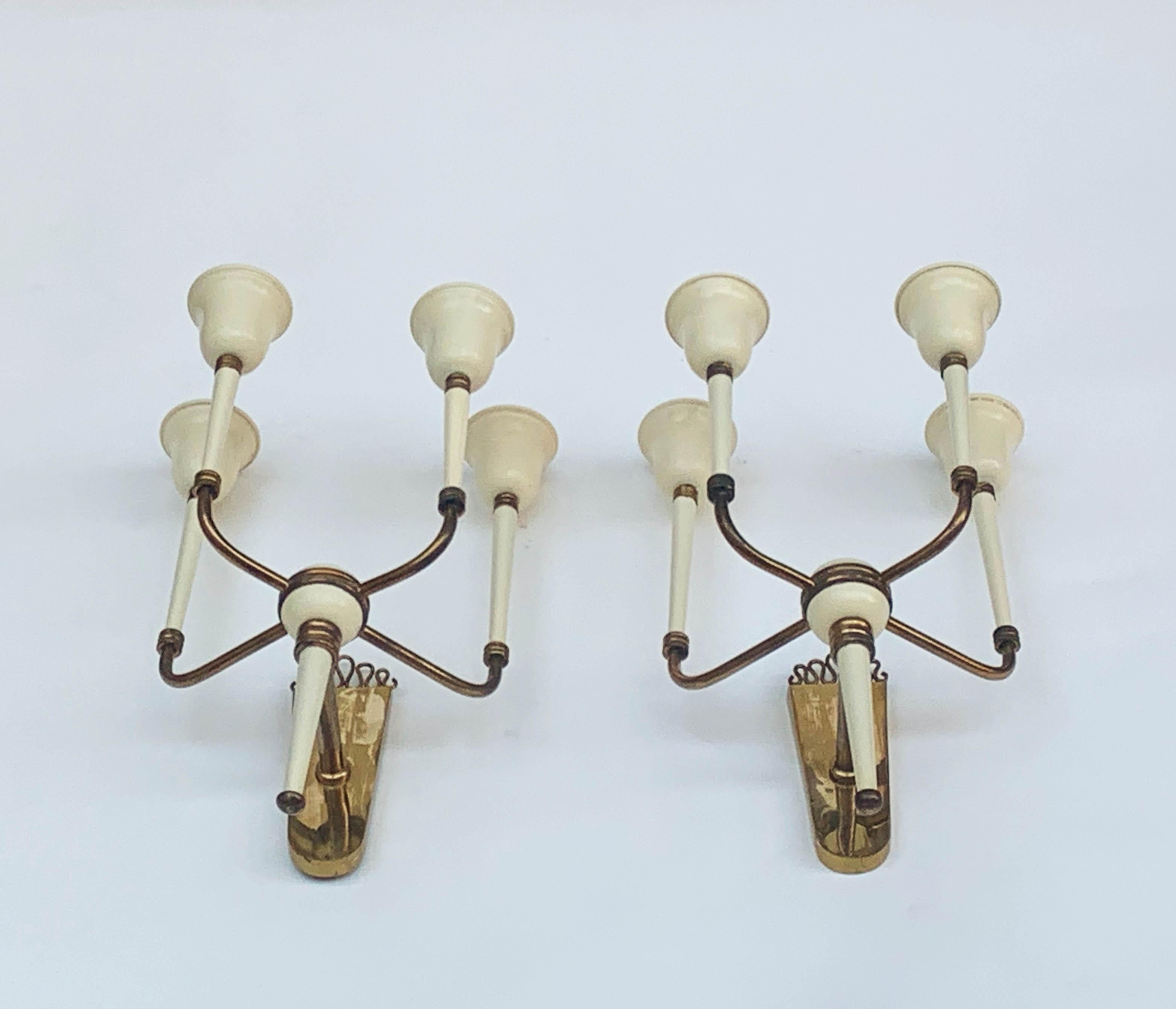 Lacquered Pair of Brass and White Enameled Italian Sconces Attributed to Ulrich, 1940s