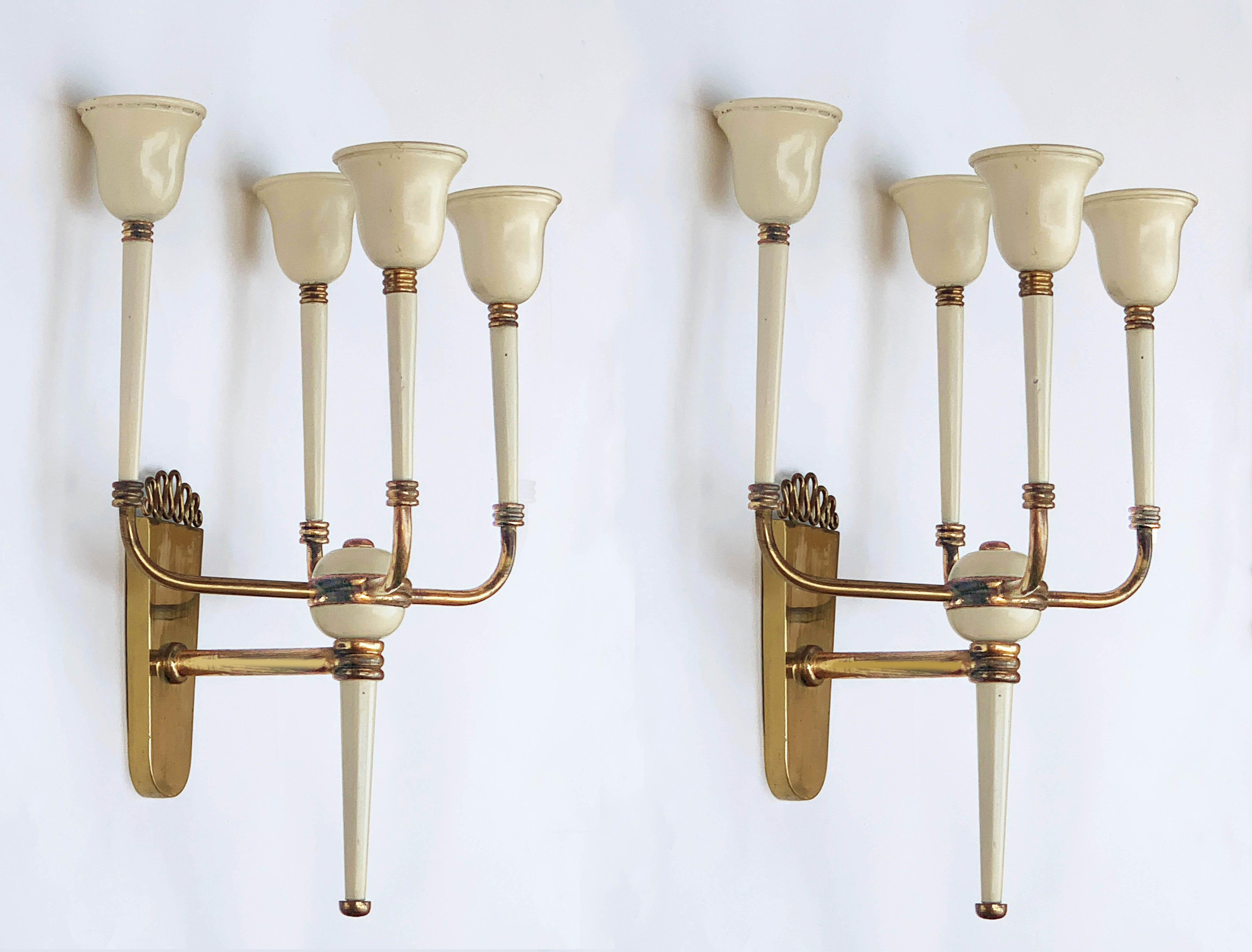 Mid-20th Century Pair of Brass and White Enameled Italian Sconces Attributed to Ulrich, 1940s
