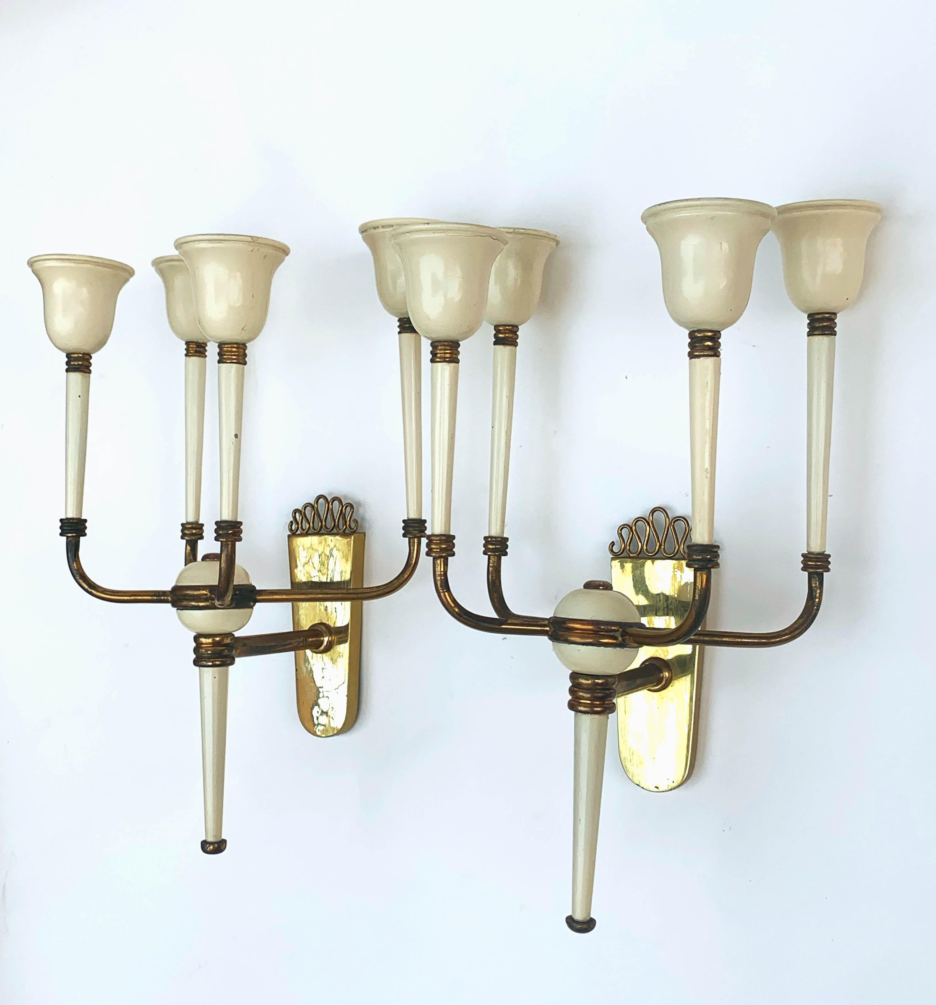 Pair of Brass and White Enameled Italian Sconces Attributed to Ulrich, 1940s 1