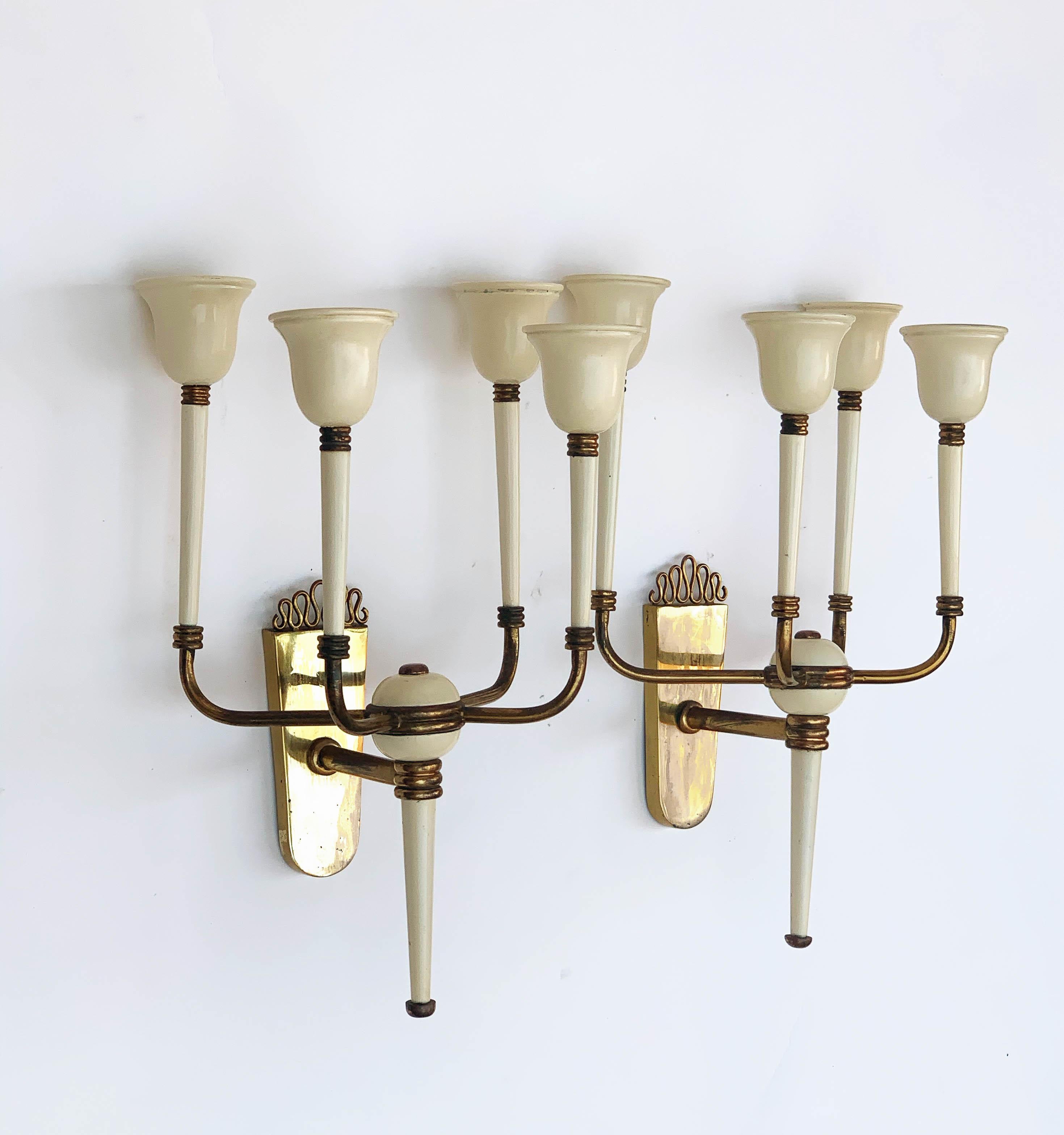 Pair of Brass and White Enameled Italian Sconces Attributed to Ulrich, 1940s 2