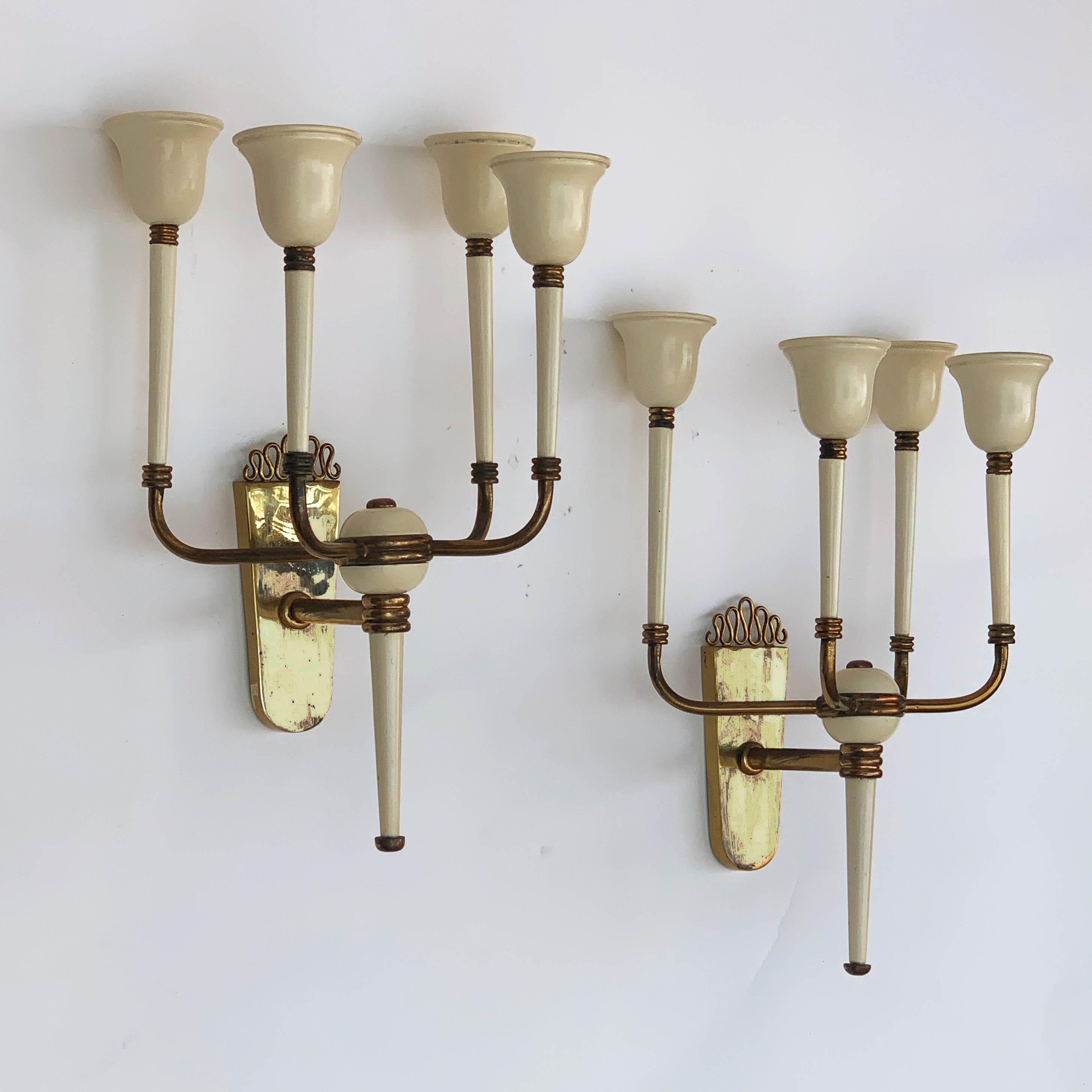 Pair of Brass and White Enameled Italian Sconces Attributed to Ulrich, 1940s 3