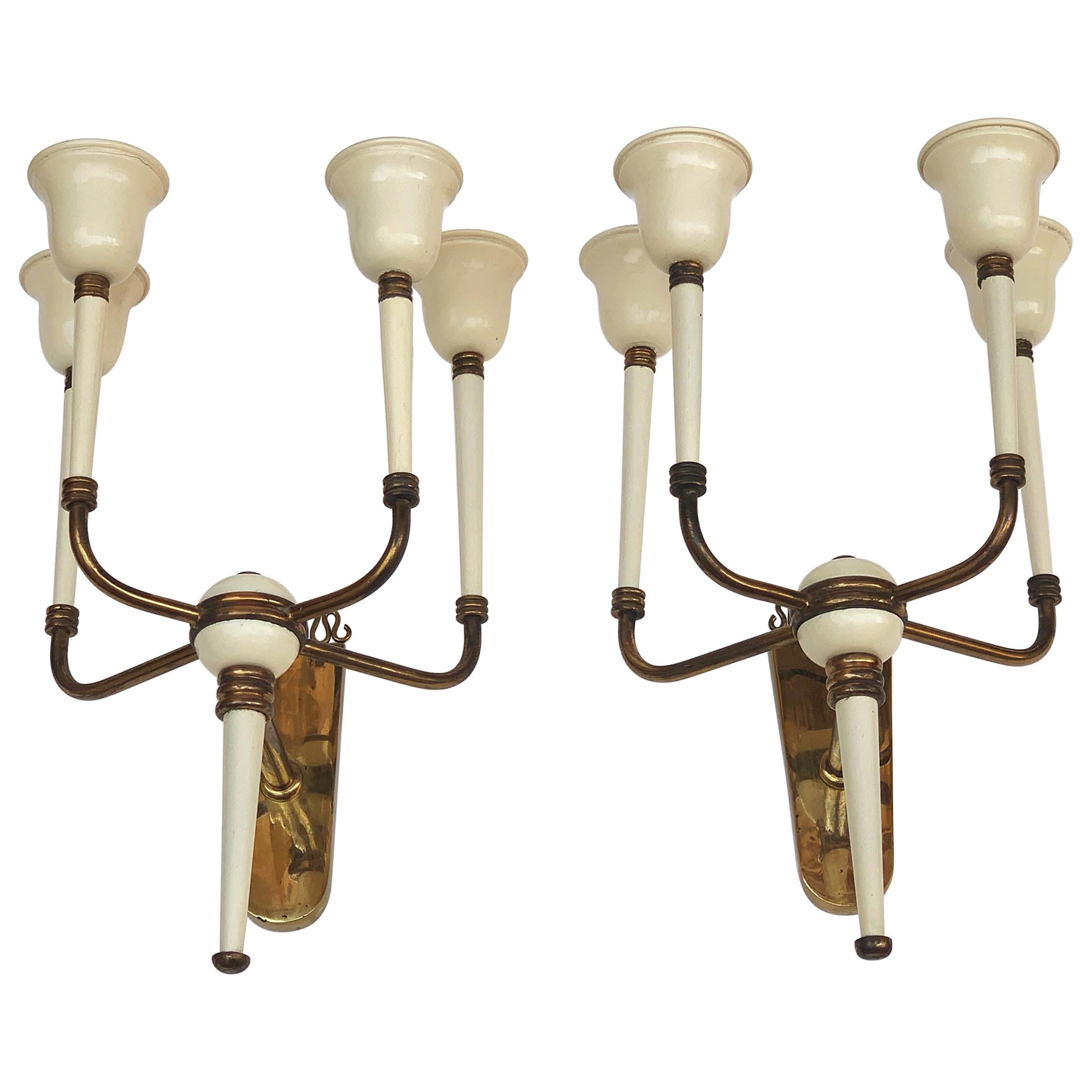 Pair of Brass and White Enameled Italian Sconces Attributed to Ulrich, 1940s