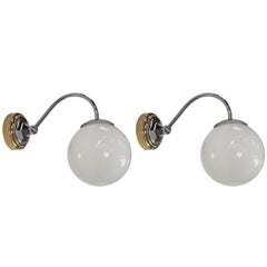 Pair Of Brass and White Opaline Ball Shaped Wall Sconces