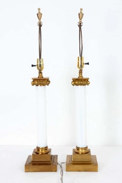 Pair of Paul Hanson Brass and White Opaline Glass Lamps