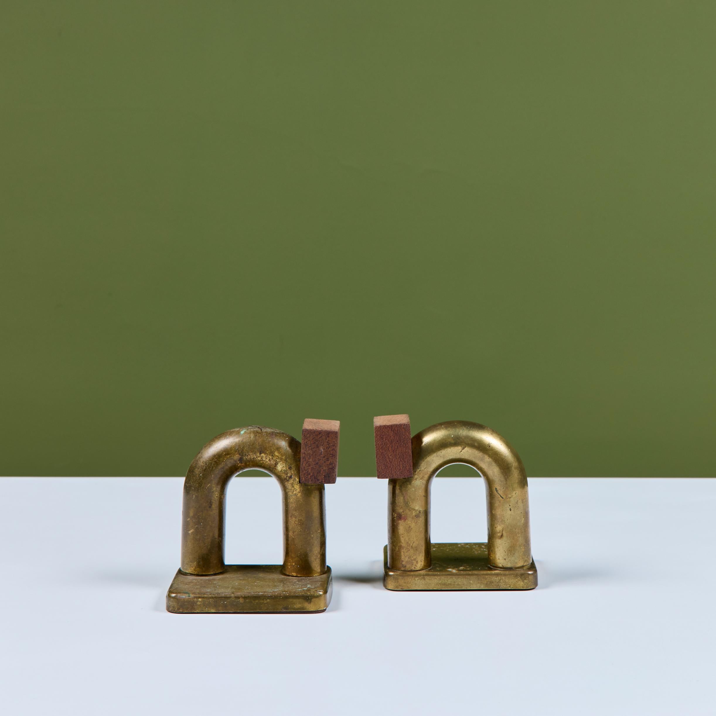 Pair of Brass and Wood Block Bookends by Walter von Nessen for Chase USA For Sale 4