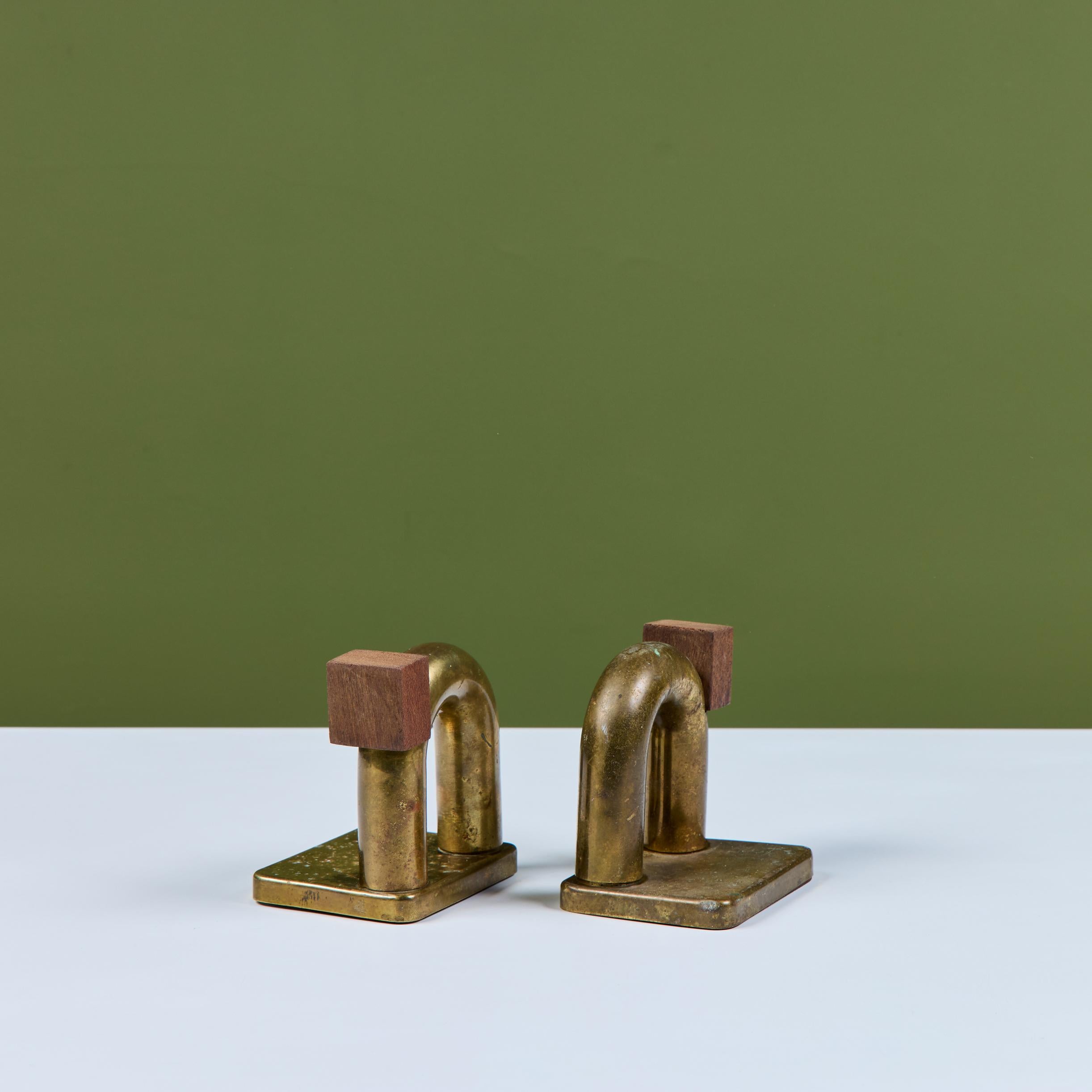 Pair of Brass and Wood Block Bookends by Walter von Nessen for Chase USA For Sale 5