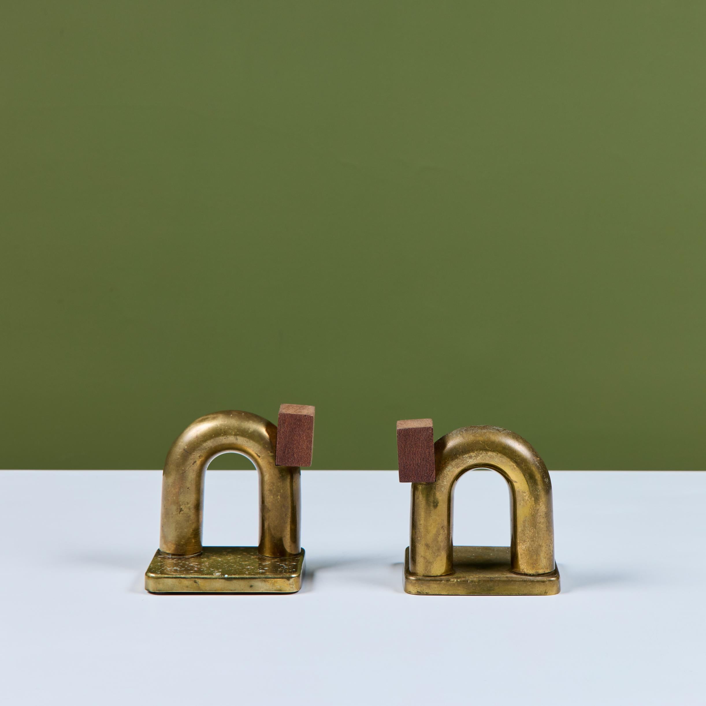 Pair of Brass and Wood Block Bookends by Walter von Nessen for Chase USA For Sale 7