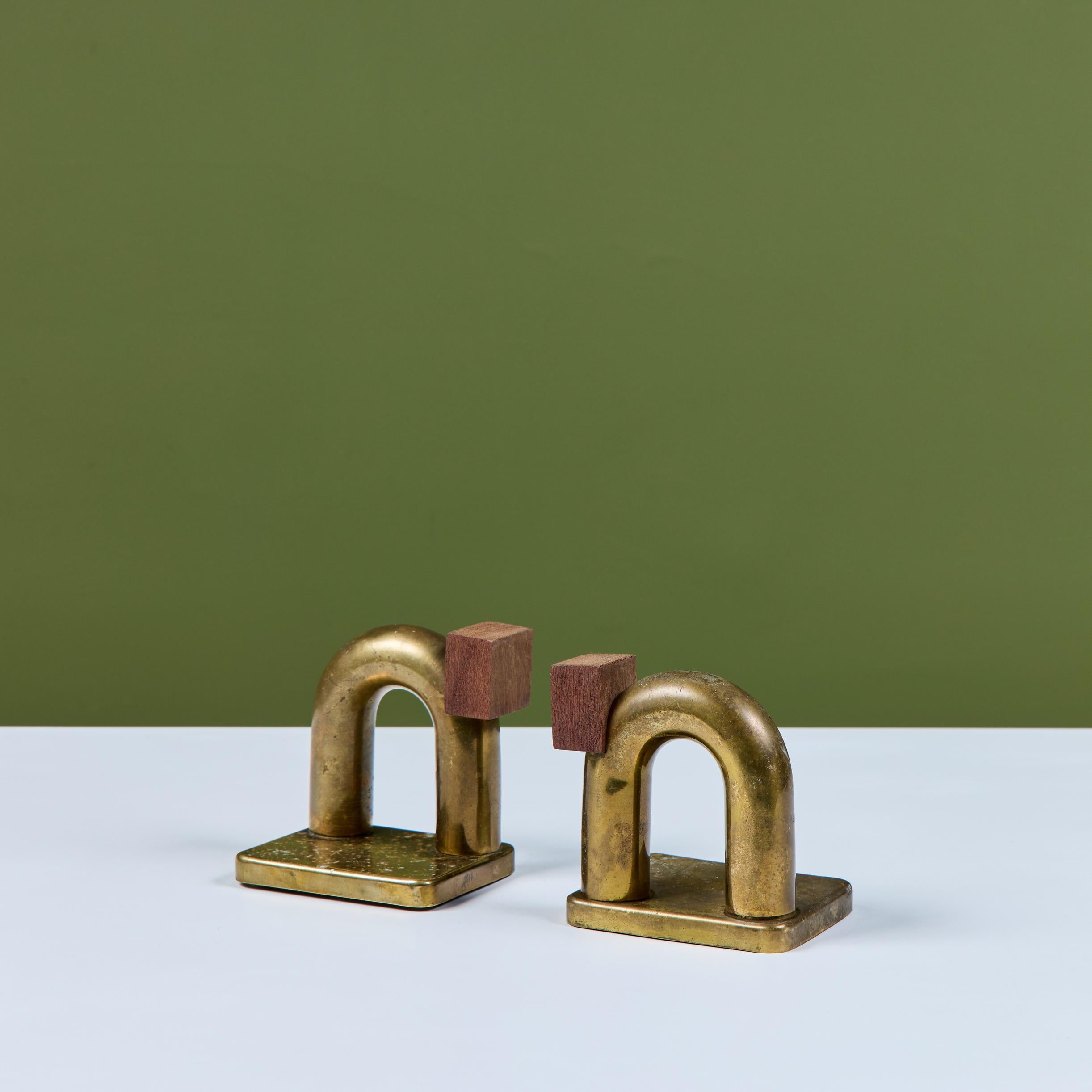 Pair of Brass and Wood Block Bookends by Walter von Nessen for Chase USA For Sale 8