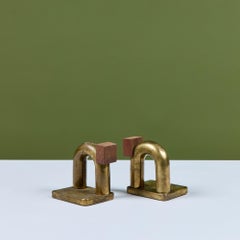 Pair of Brass and Wood Block Bookends by Walter von Nessen for Chase USA