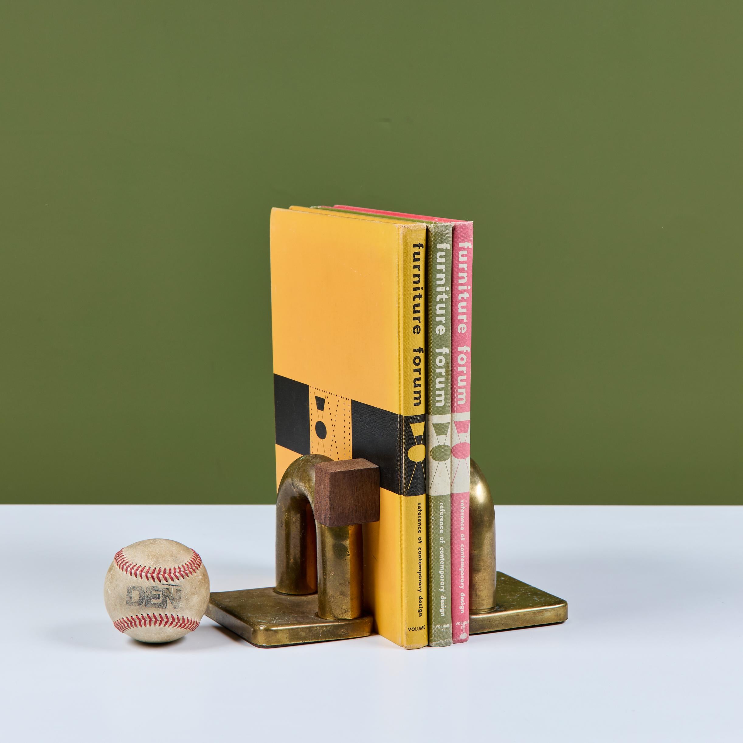 American Pair of Brass and Wood Block Bookends by Walter von Nessen for Chase USA For Sale