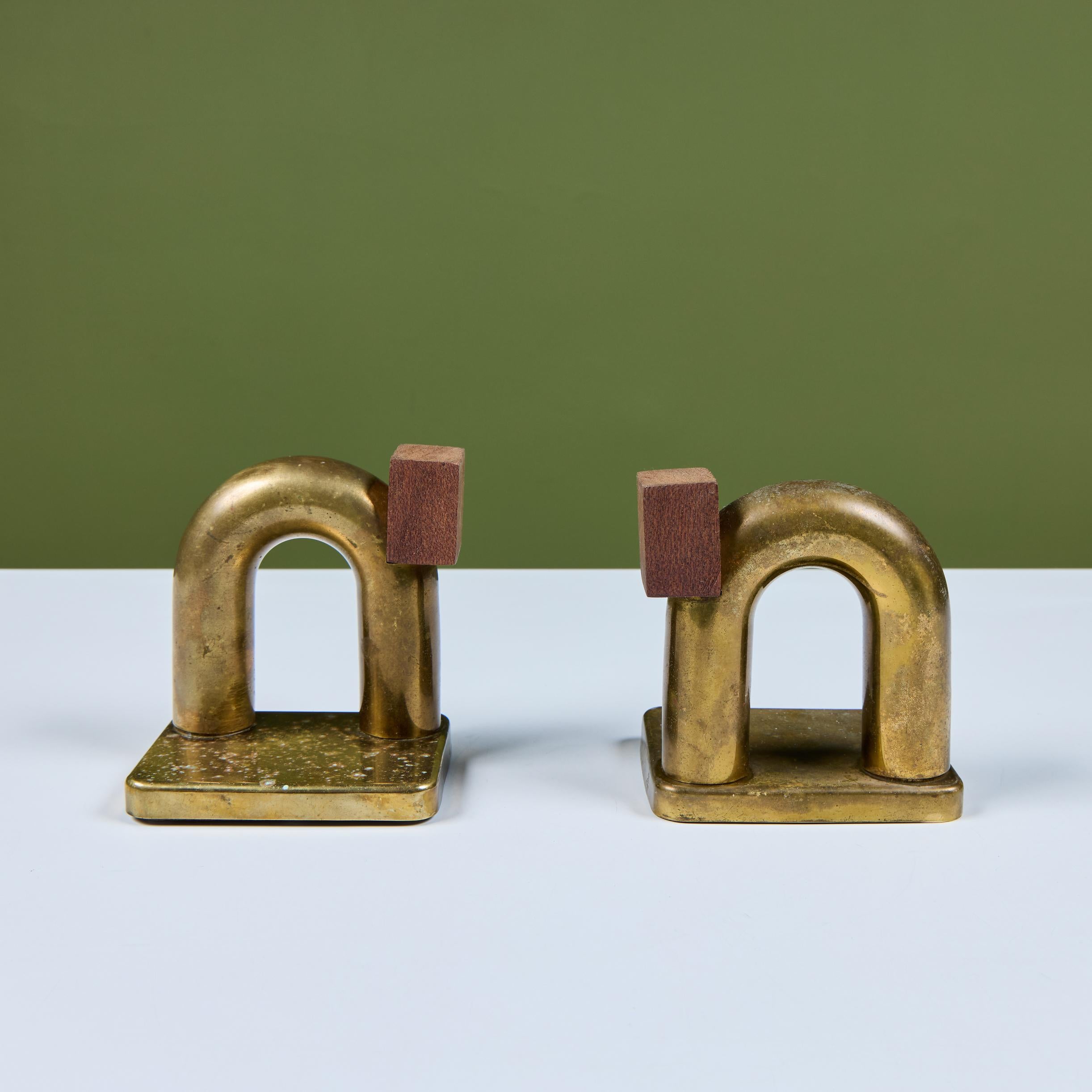 Pair of Brass and Wood Block Bookends by Walter von Nessen for Chase USA For Sale 1