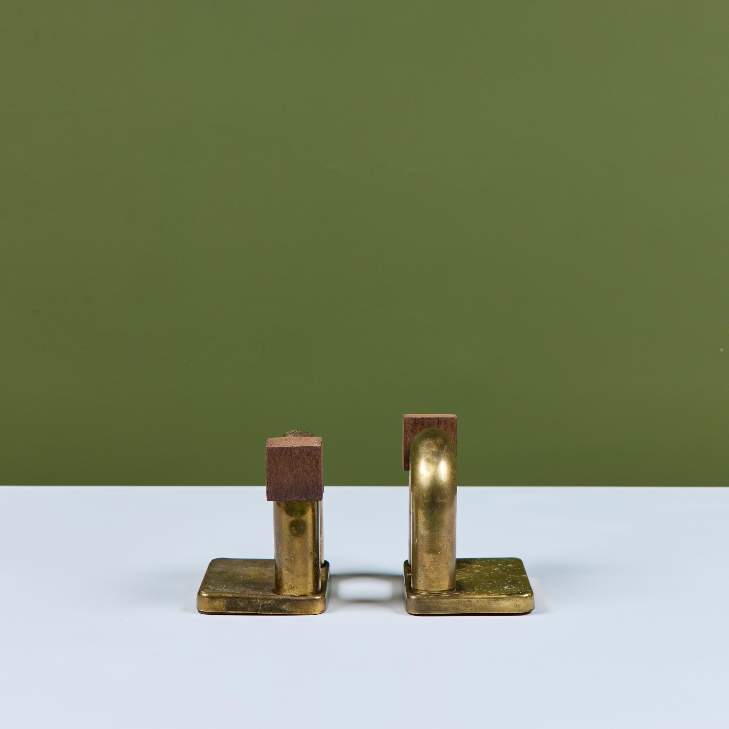 Pair of Brass and Wood Block Bookends by Walter von Nessen for Chase USA For Sale 2