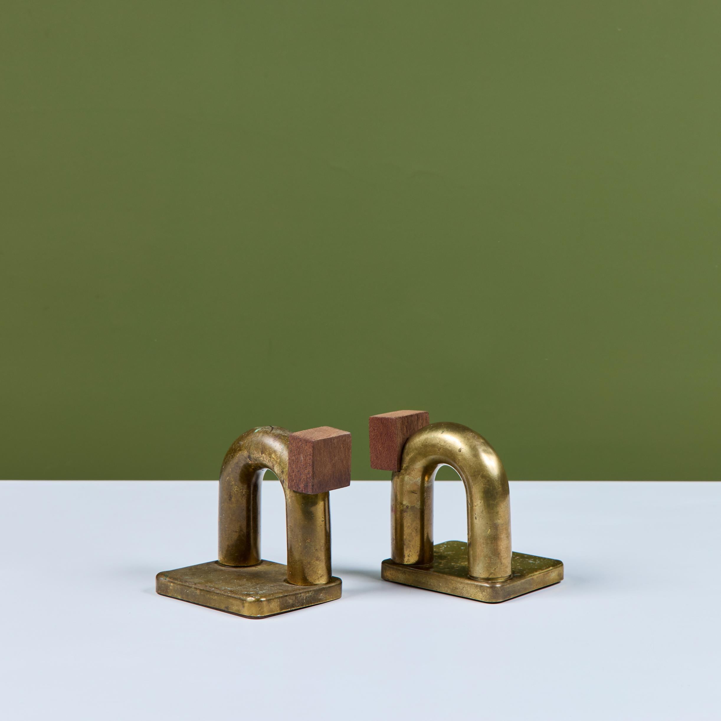 Pair of Brass and Wood Block Bookends by Walter von Nessen for Chase USA For Sale 3