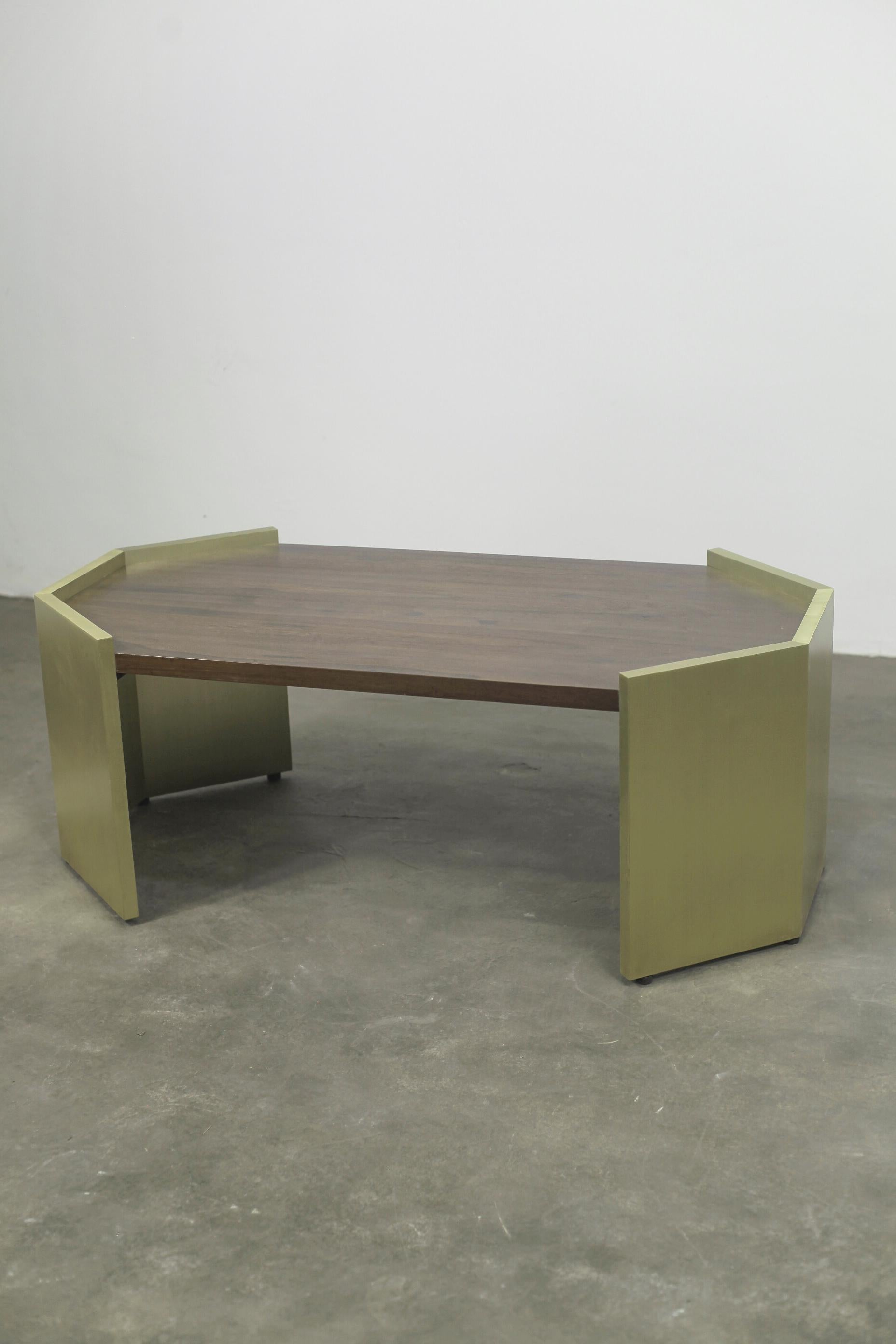 Contemporary Pair of Brass and Wood Coffee Tables by Costantini for Robert AM Stern For Sale
