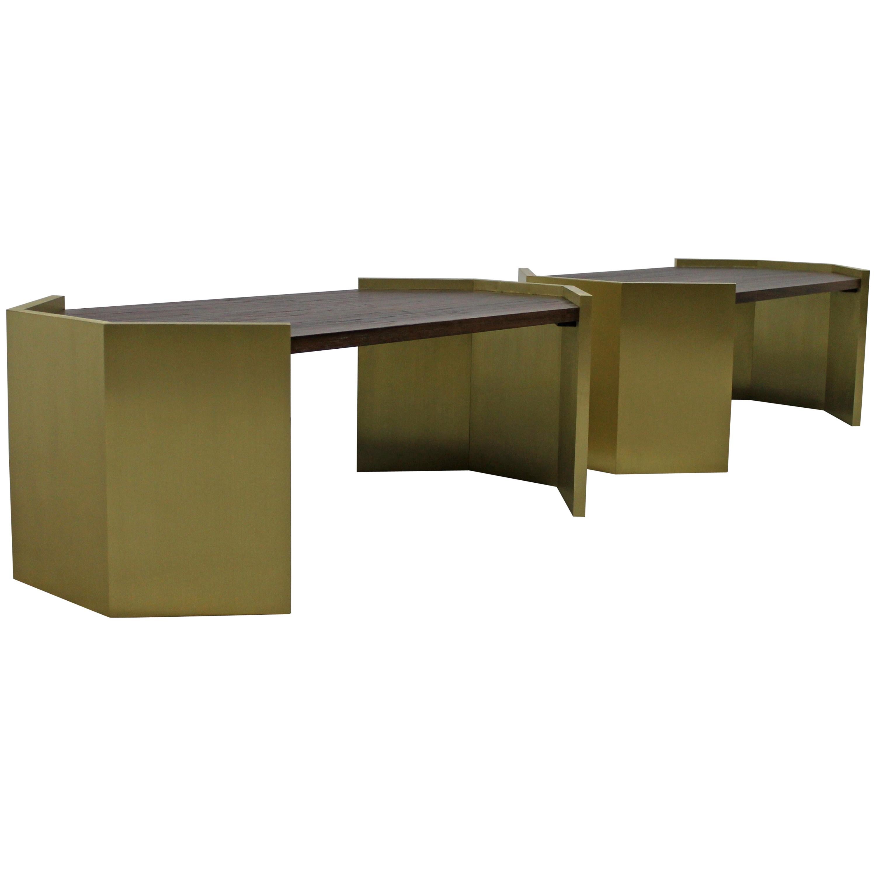 Pair of Brass and Wood Coffee Tables by Costantini for Robert AM Stern