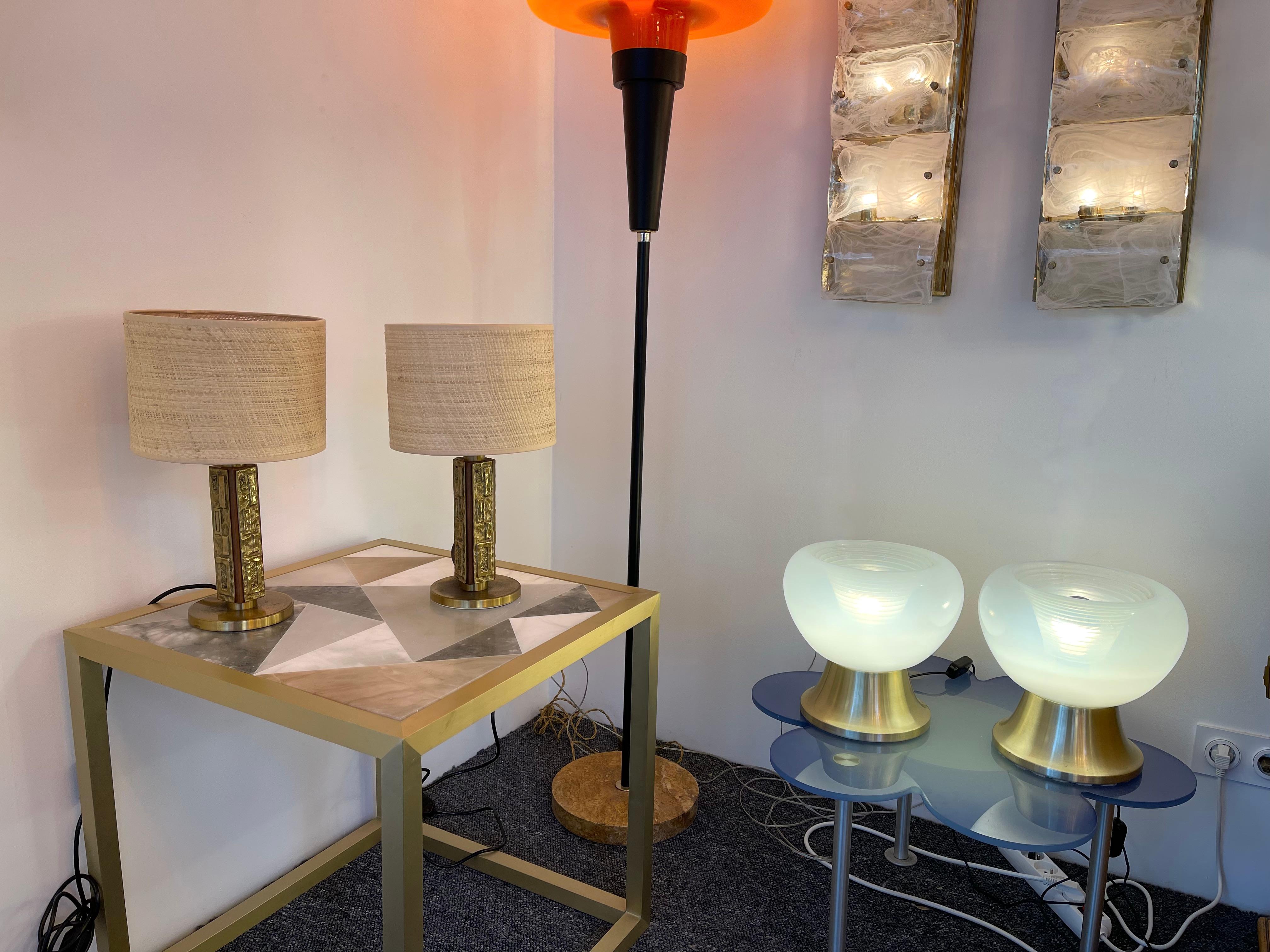 Mid-Century Modern Space Age pair of brass sculpture table or bedside lamps by the italian designer Angelo Brotto for the editor Esperia. Famous design like Reggiani, Sciolari, Francesco Buzzi Ceriani, Stilnovo, Aldo Carlo Nason for Mazzega, Venini,