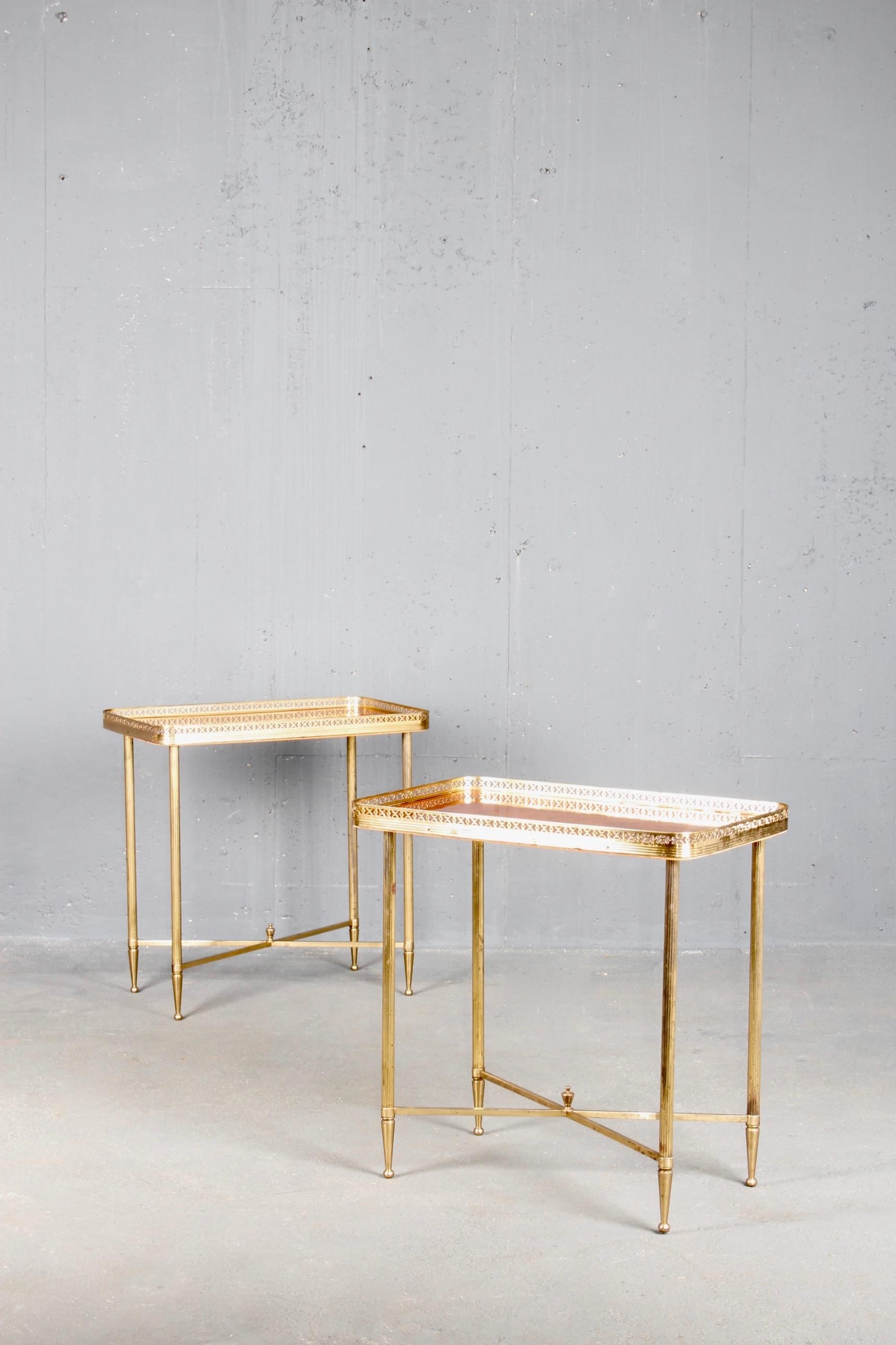 Pair of brass and wood side table.