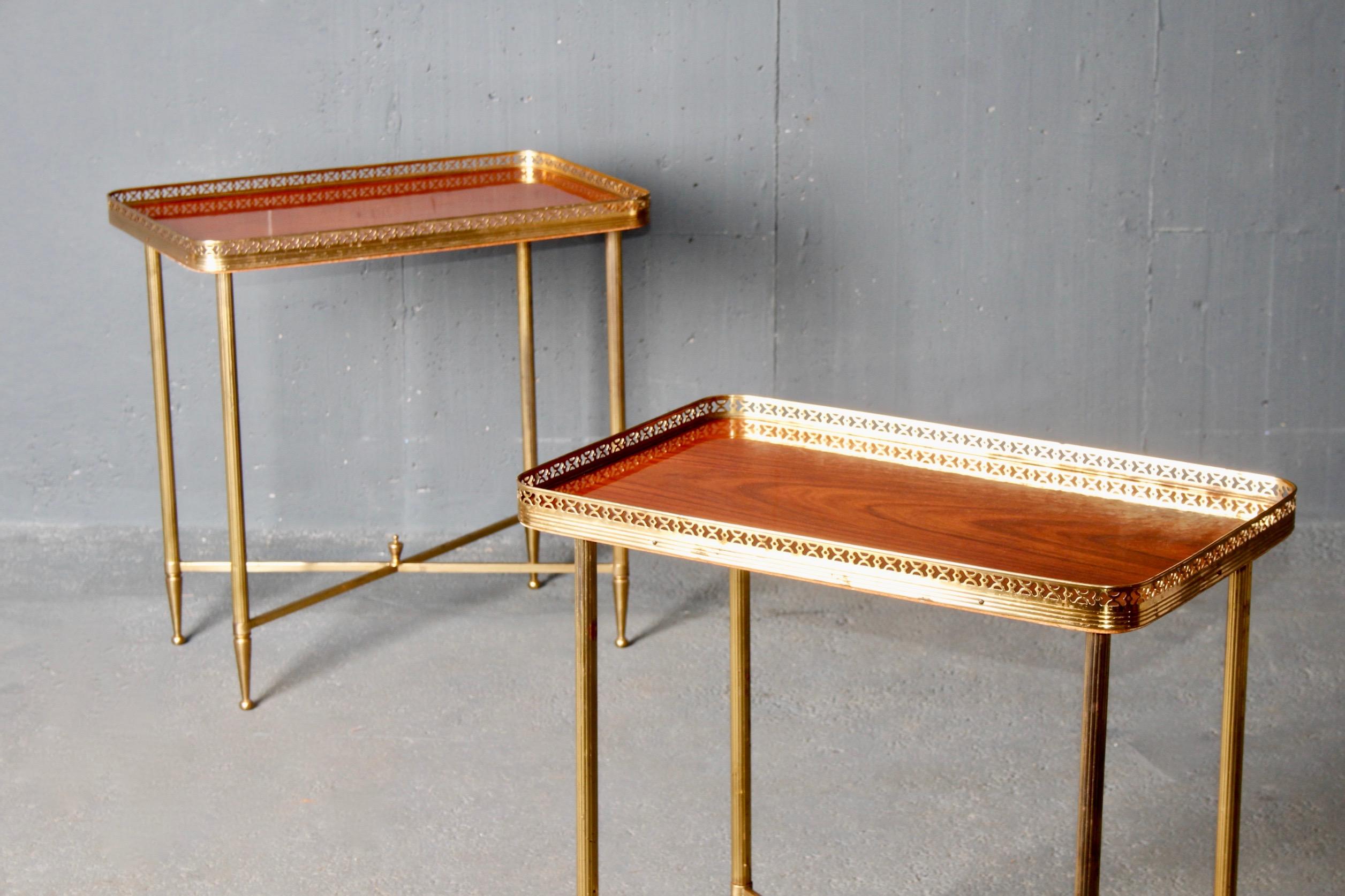 French Pair of Brass and Wood Side Table