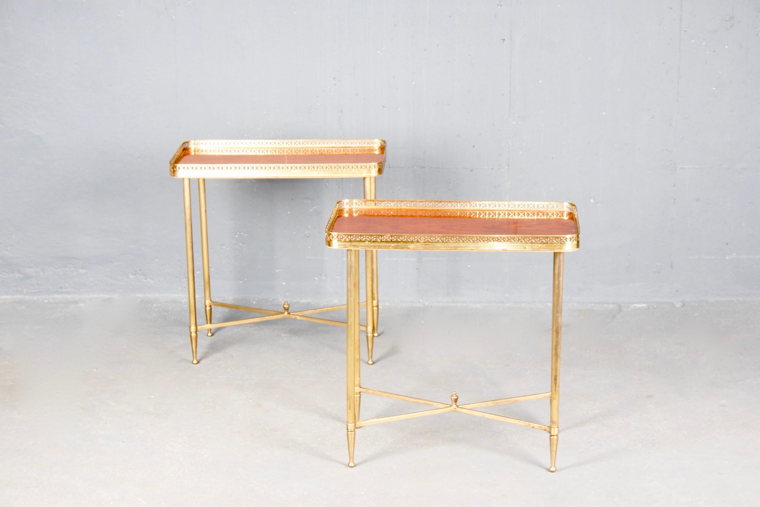 Mid-20th Century Pair of Brass and Wood Side Table