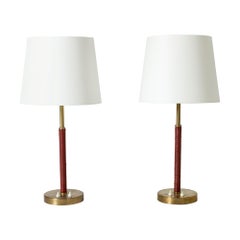 Pair of Brass and Wreathed Leather Table Lamps by Bertil Brisborg