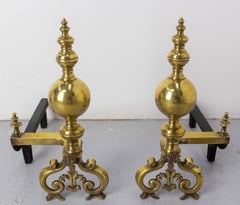 Pair of Brass and Wrought Iron Andirons, France, 18th Century