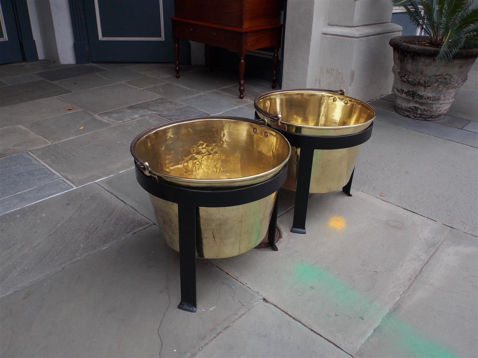 American Empire Pair of American Brass & Wrought Iron Plantation Cauldrons on Stand CT, C. 1851 For Sale