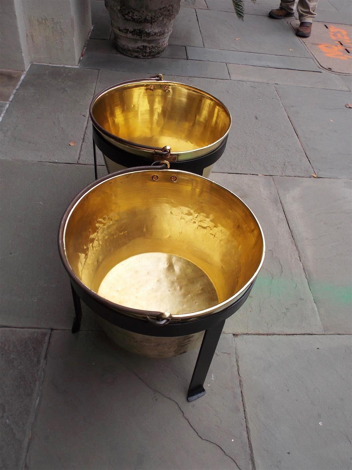 Cast Pair of American Brass & Wrought Iron Plantation Cauldrons on Stand CT, C. 1851 For Sale