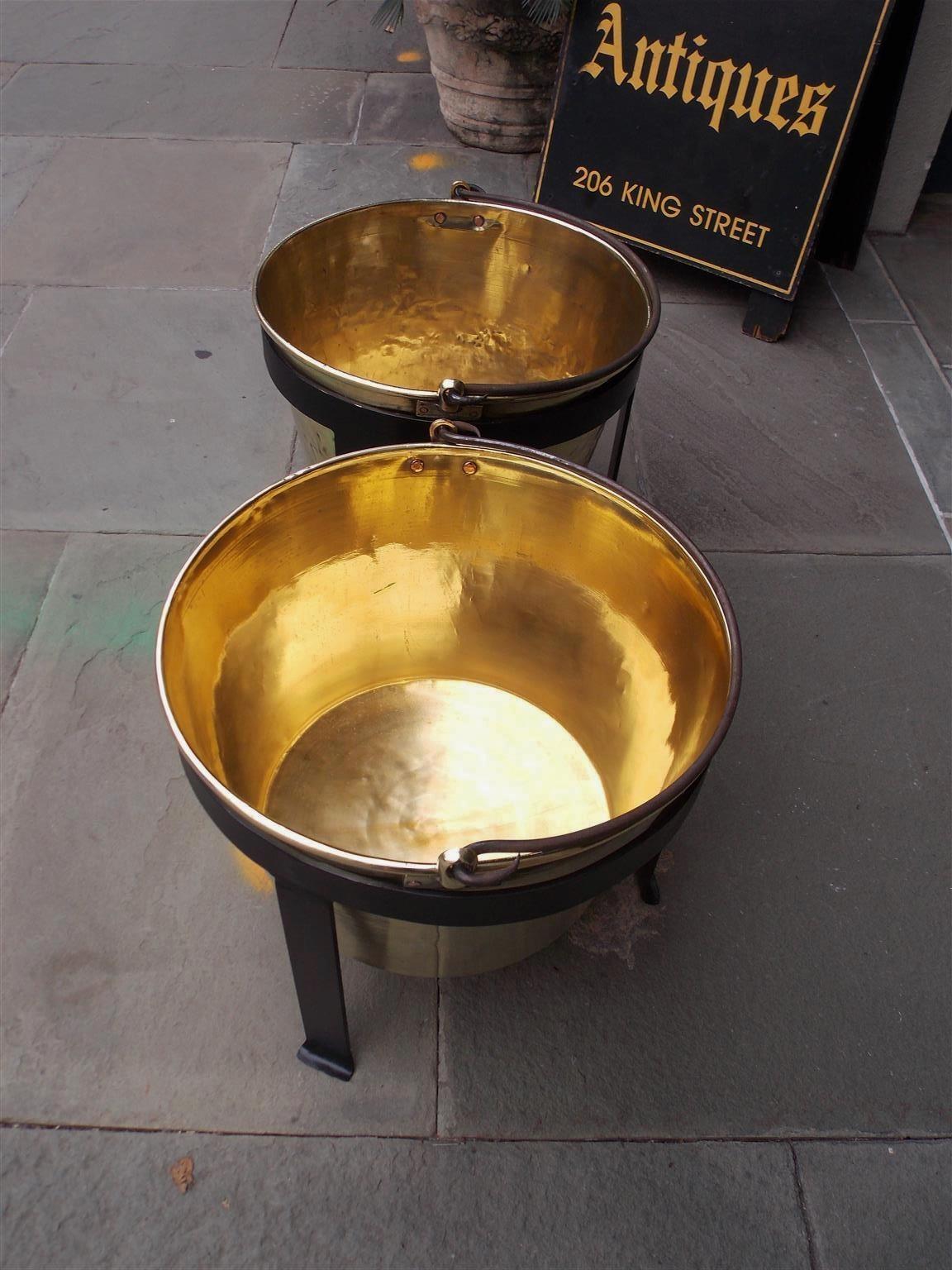 Pair of American Brass & Wrought Iron Plantation Cauldrons on Stand CT, C. 1851 In Excellent Condition For Sale In Hollywood, SC