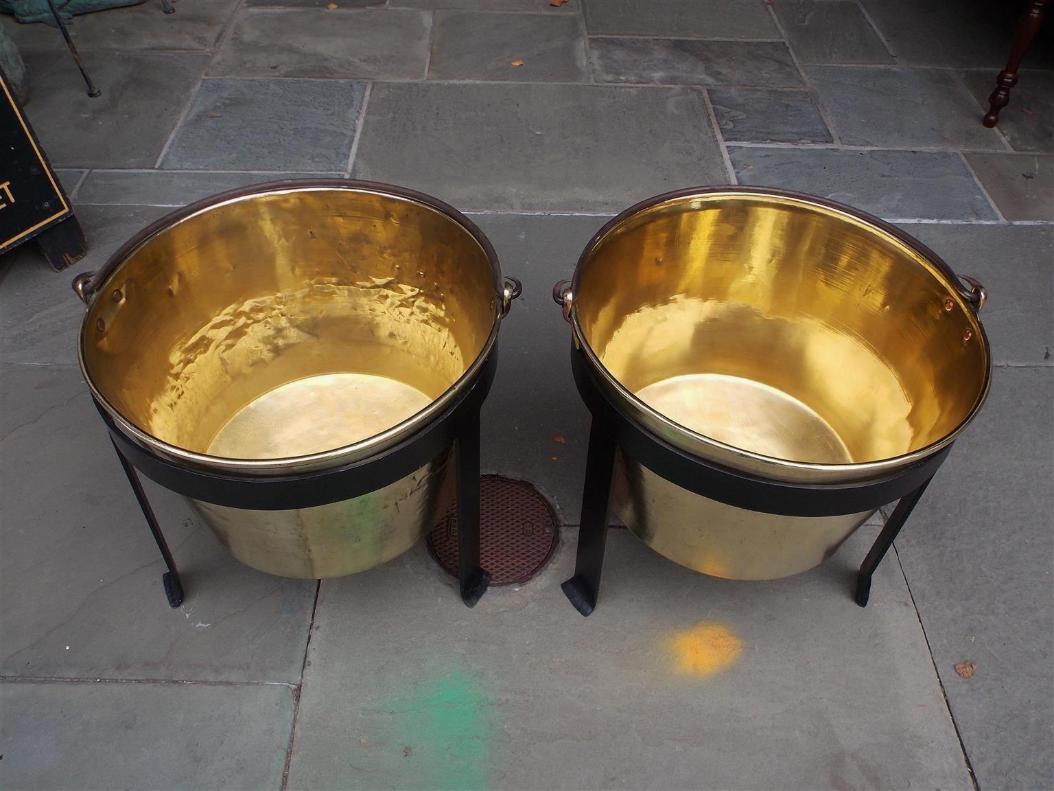 Mid-19th Century Pair of American Brass & Wrought Iron Plantation Cauldrons on Stand CT, C. 1851 For Sale