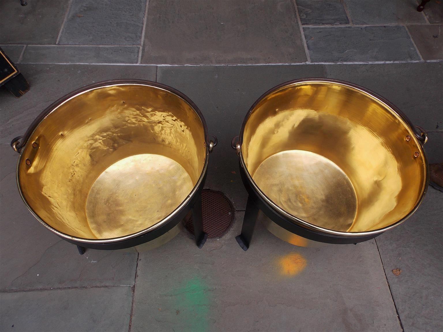 Pair of American Brass & Wrought Iron Plantation Cauldrons on Stand CT, C. 1851 For Sale 1