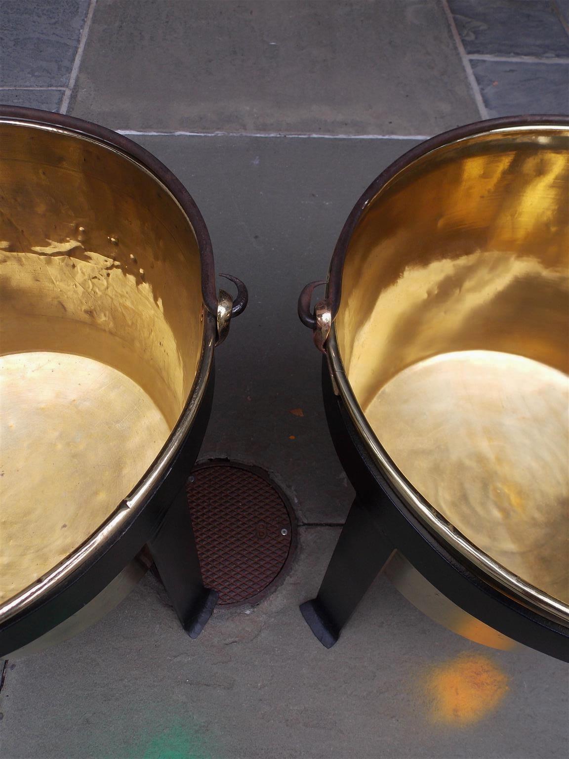Pair of American Brass & Wrought Iron Plantation Cauldrons on Stand CT, C. 1851 For Sale 2
