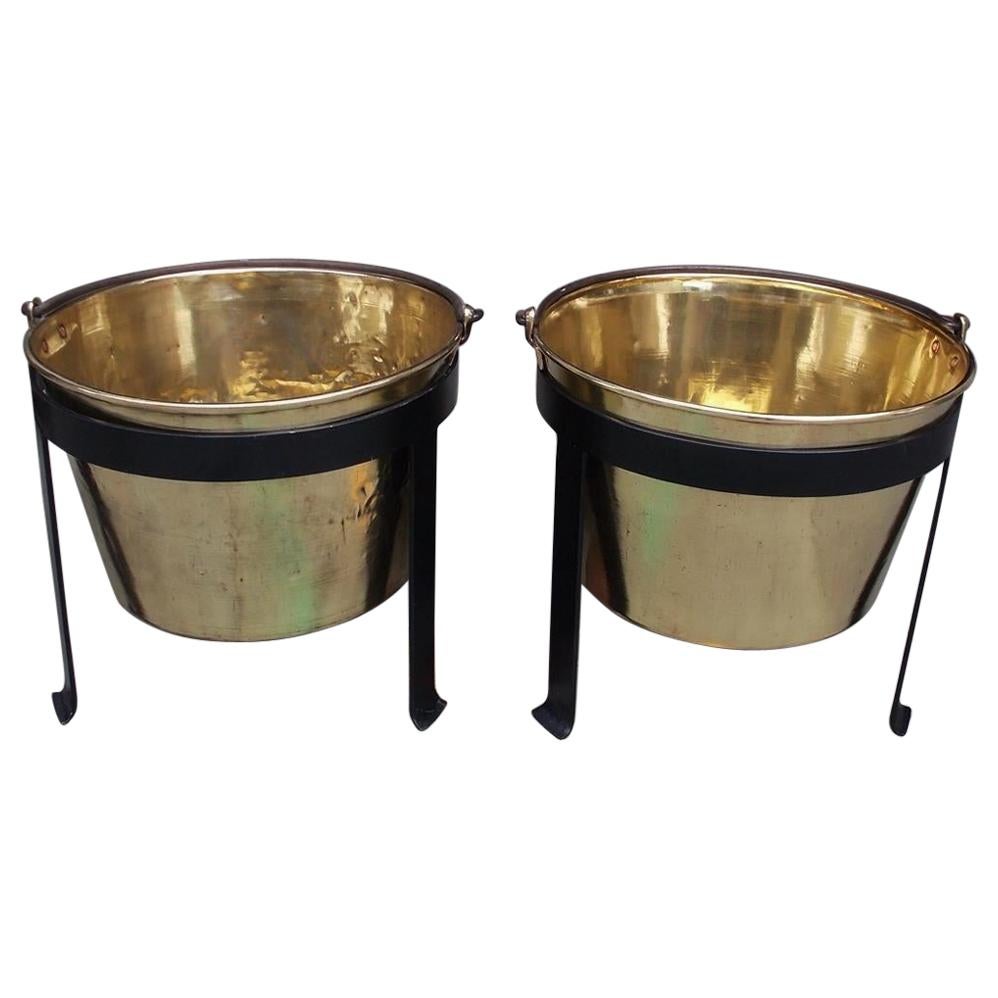Pair of American Brass & Wrought Iron Plantation Cauldrons on Stand CT, C. 1851
