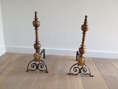 Pair of Brass and Wrought Iron "The Sun King" Andirons, 18th Century