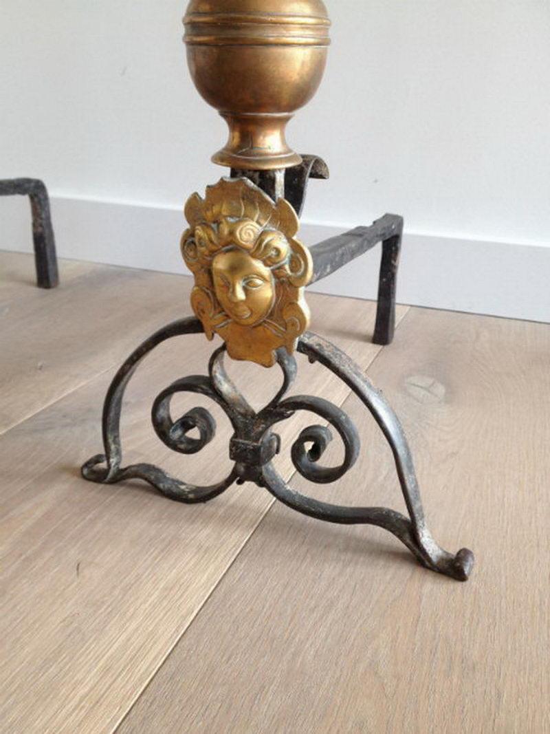 European Pair of Brass and Wrought Iron 