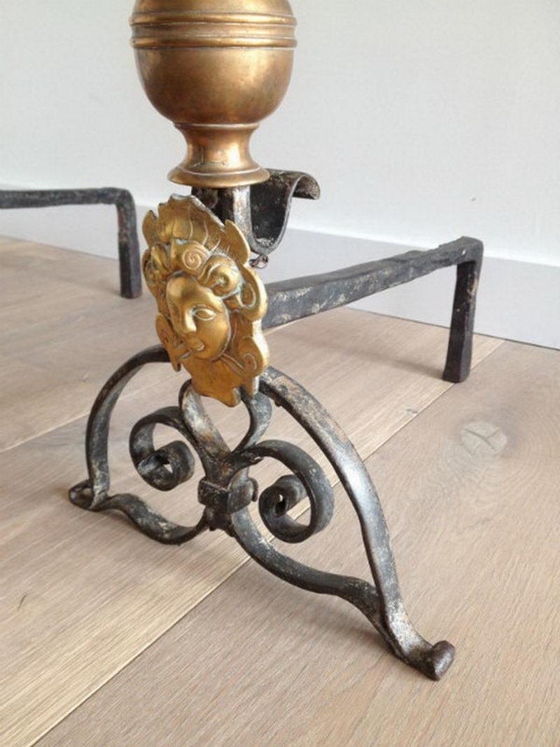 18th Century and Earlier Pair of Brass and Wrought Iron 