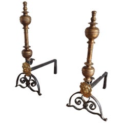 Pair of Brass and Wrought Iron "The Sun King" Andirons, 18th Century