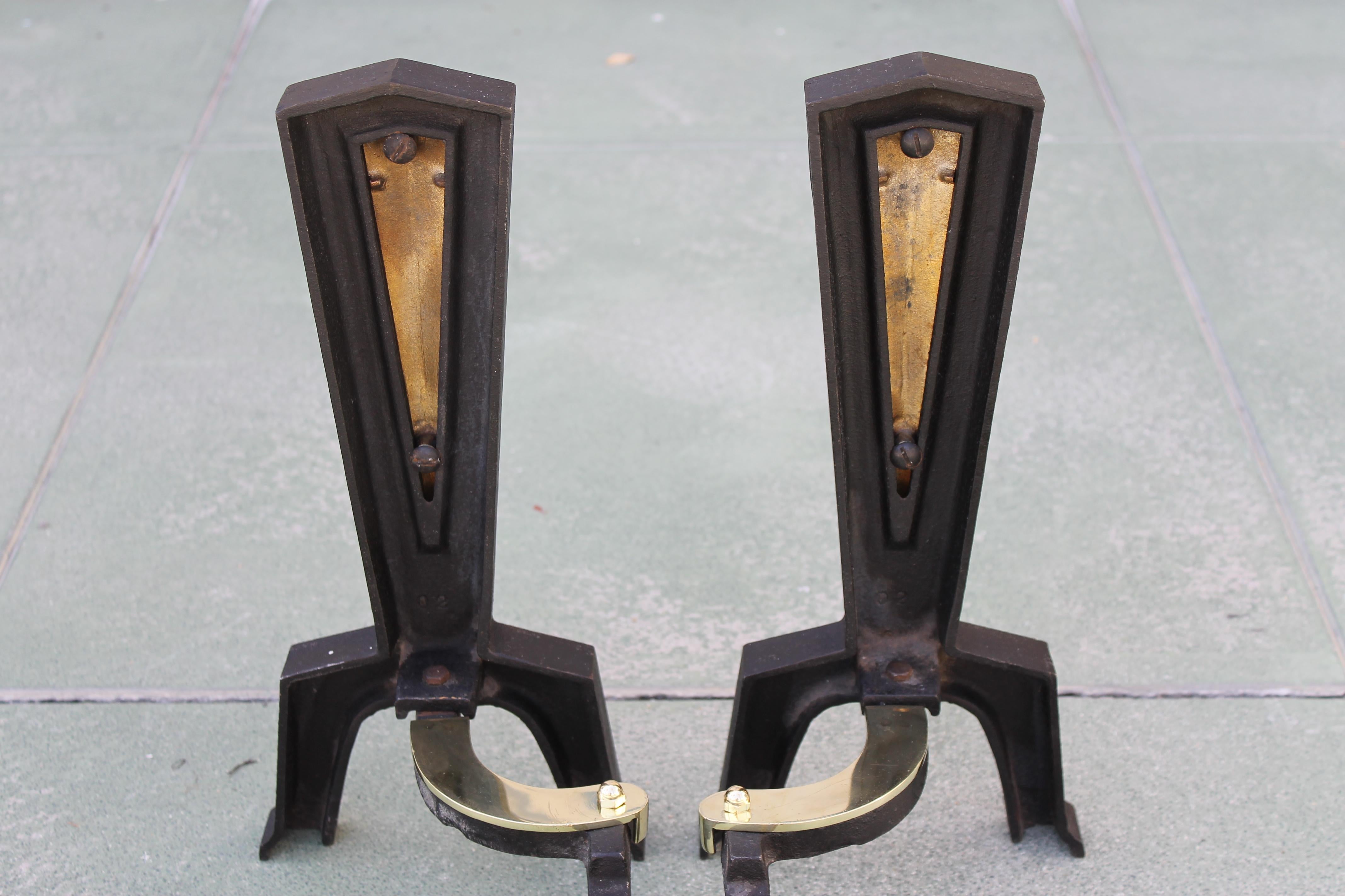 American Pair of Brass Andirons Attributed to Donald Deskey For Sale