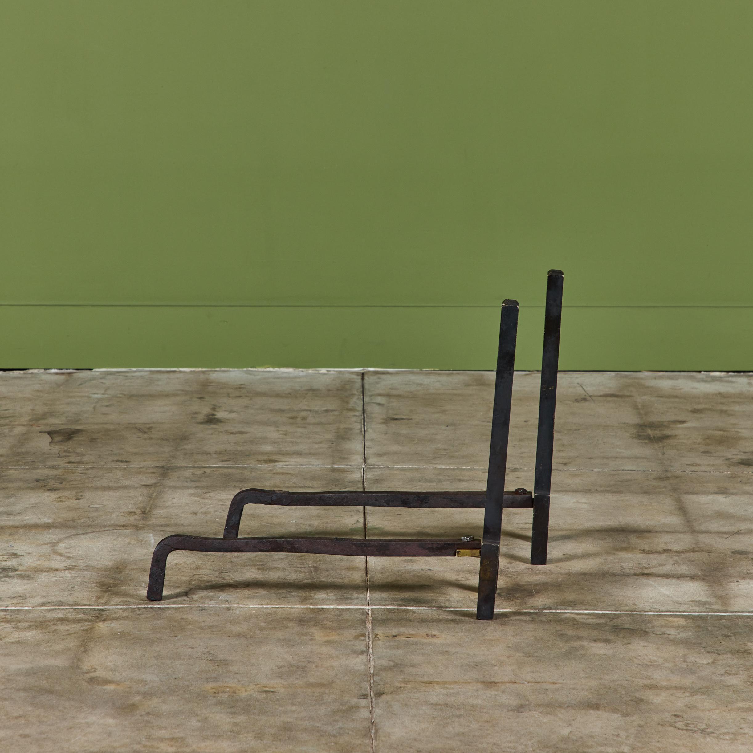 Patinated Pair of Brass Andirons by Saarinen Swanson Group For Sale