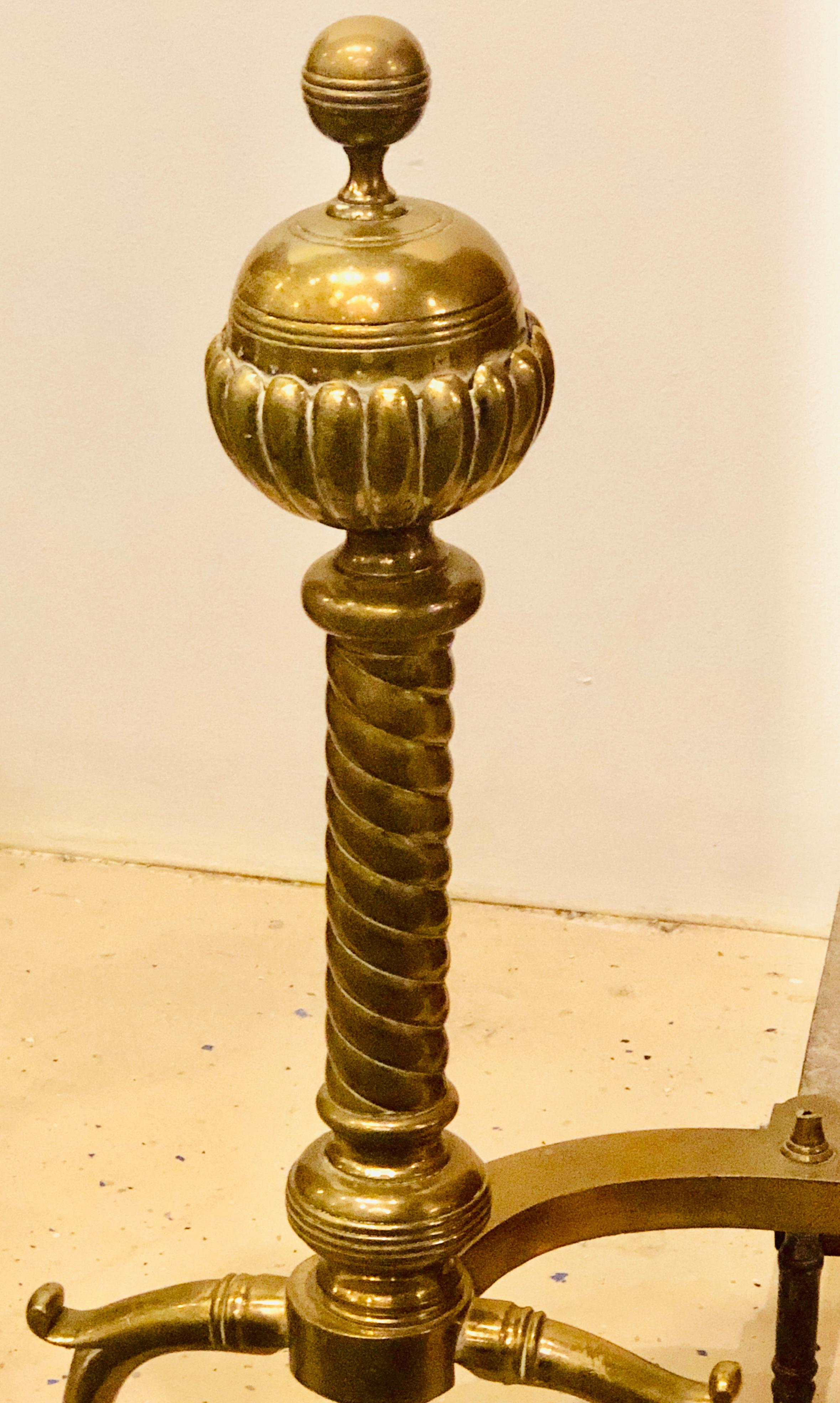 Georgian Pair of Brass Andirons circa 1880 Ball and Claw Feet of Twisted Column Form For Sale