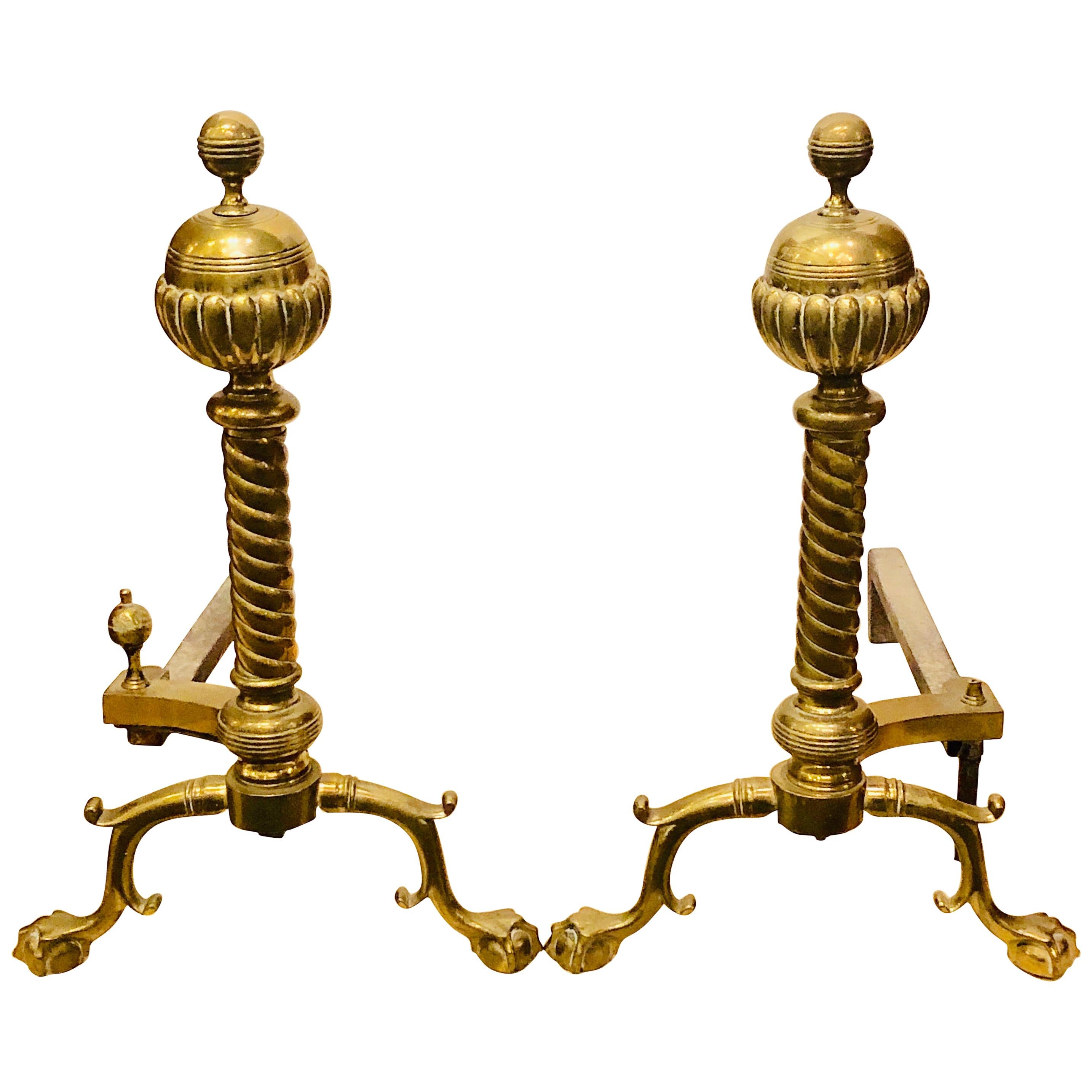 Pair of Brass Andirons circa 1880 Ball and Claw Feet of Twisted Column Form For Sale