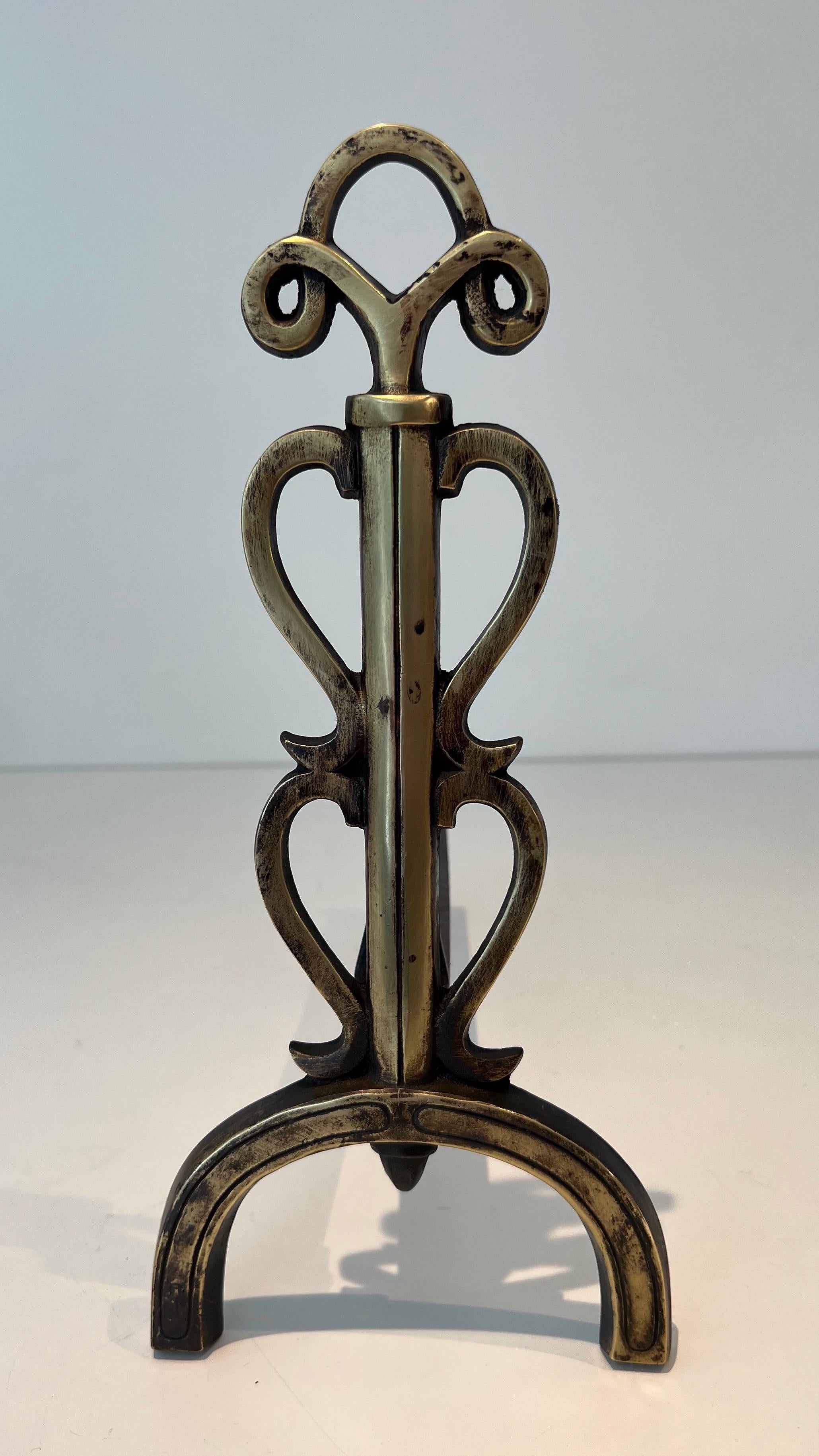 Pair of Brass Andirons in the Style of Raymond Subes For Sale 4