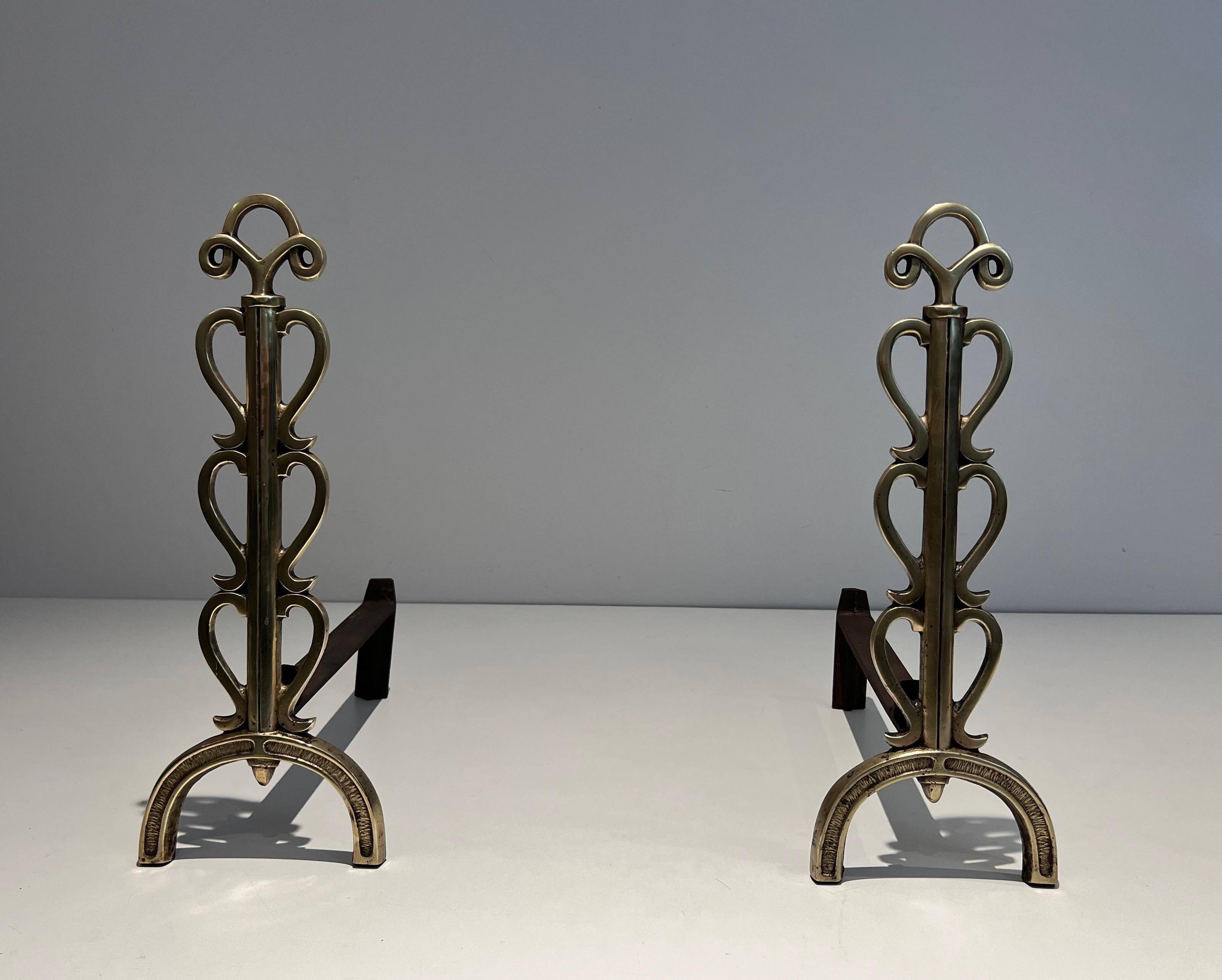 Pair of Brass Andirons in the Style of Raymond Subes For Sale 6