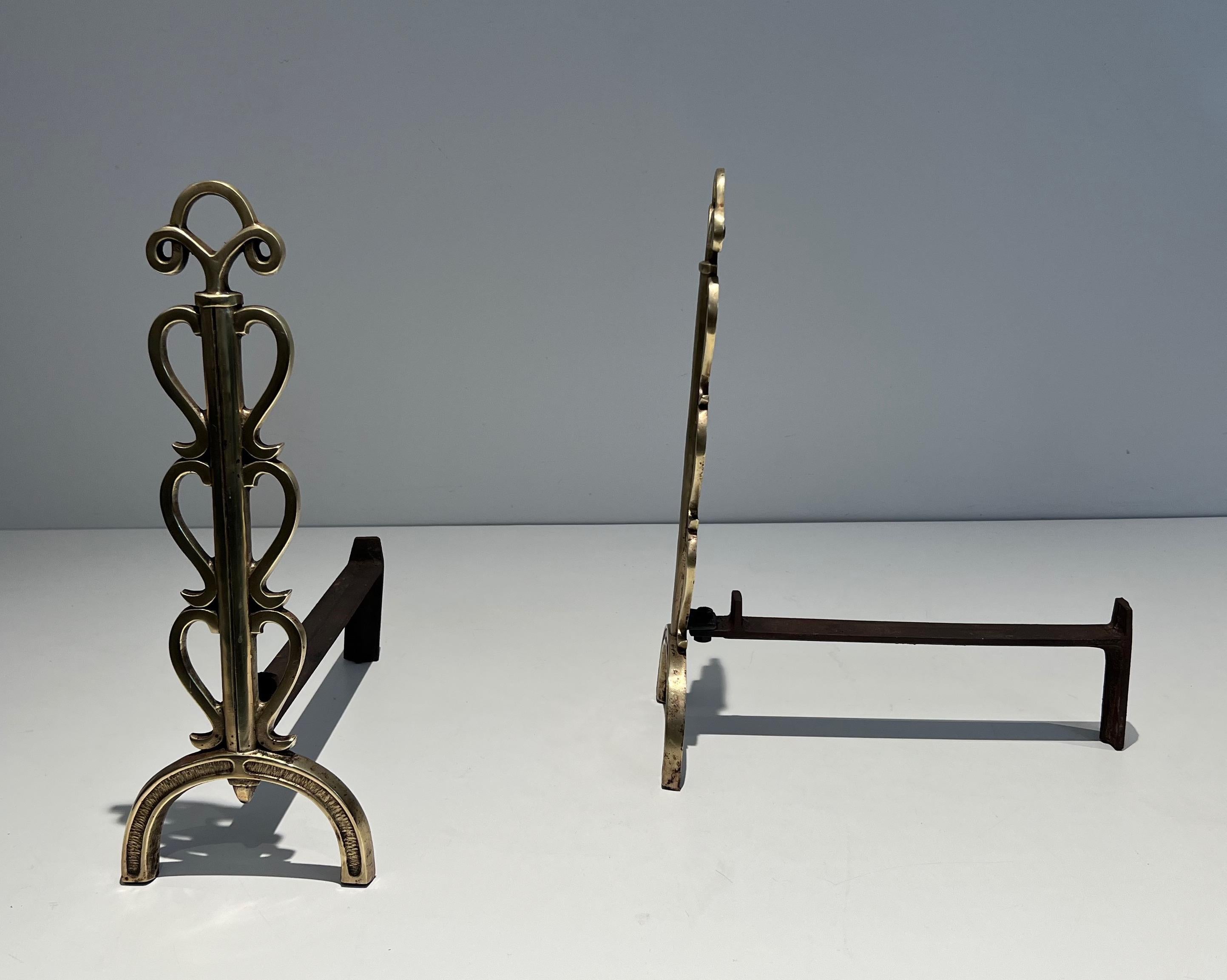 Pair of Brass Andirons in the Style of Raymond Subes For Sale 7
