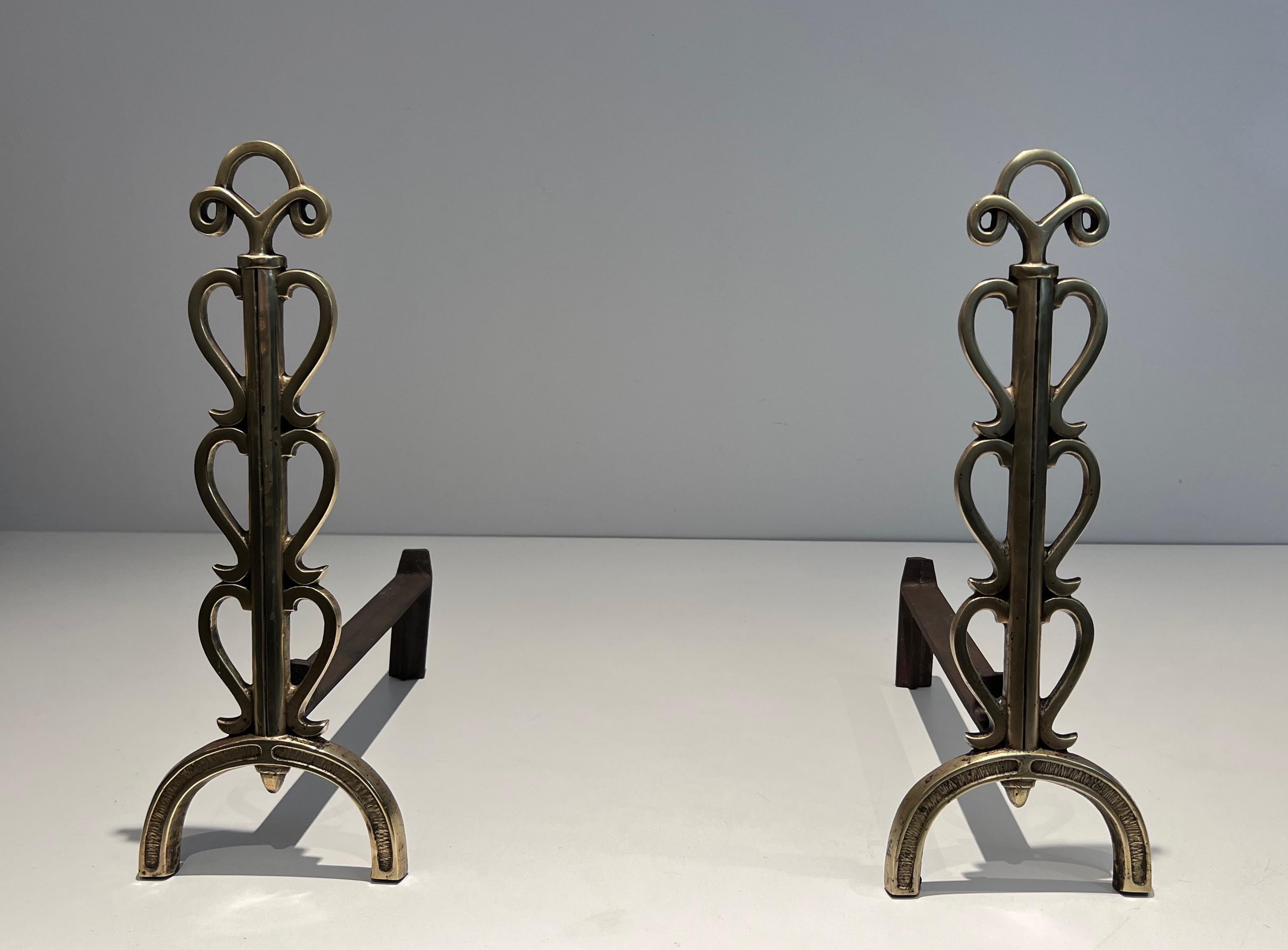 Pair of Brass Andirons in the Style of Raymond Subes For Sale 8