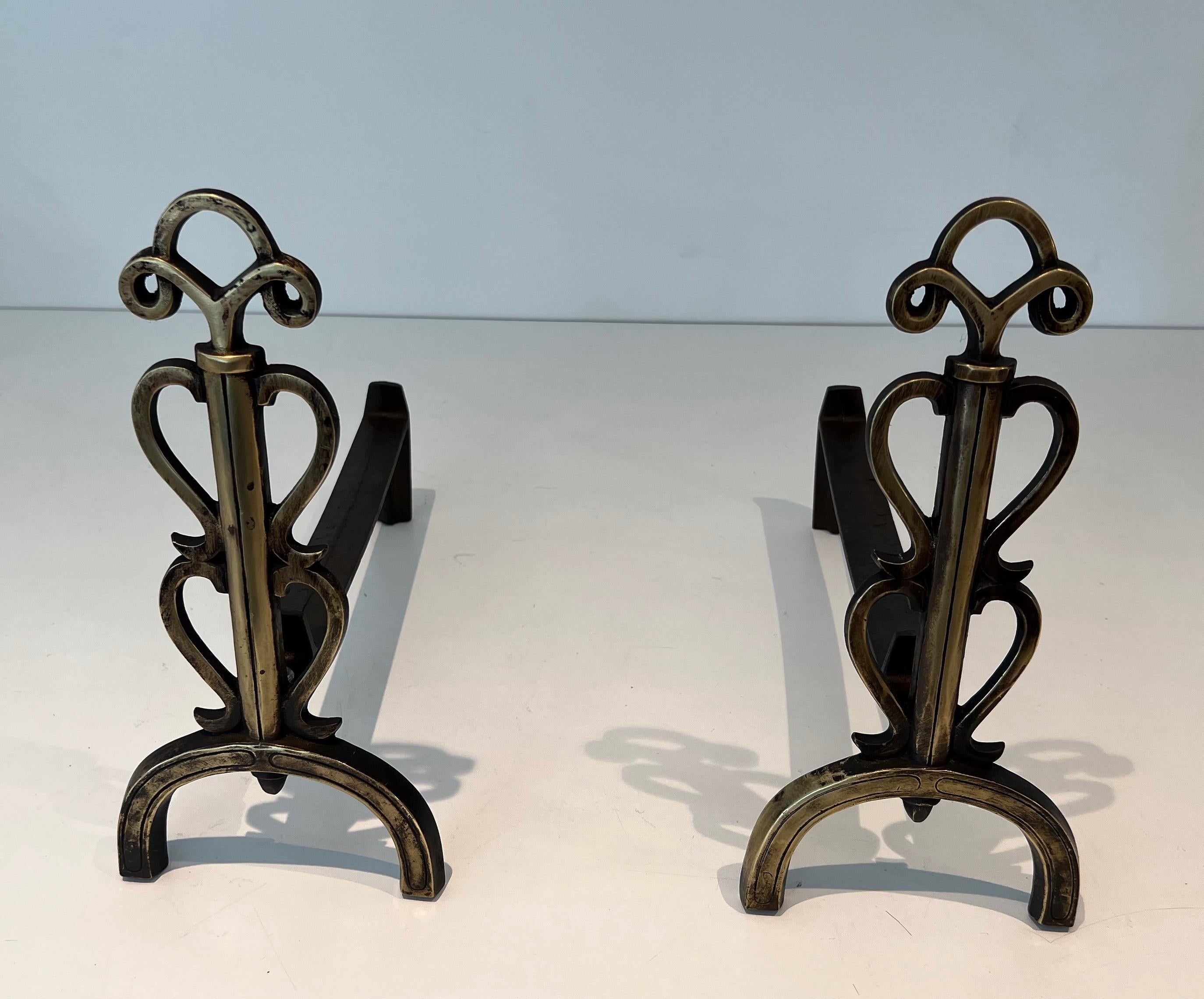 Pair of Brass Andirons in the Style of Raymond Subes For Sale 8