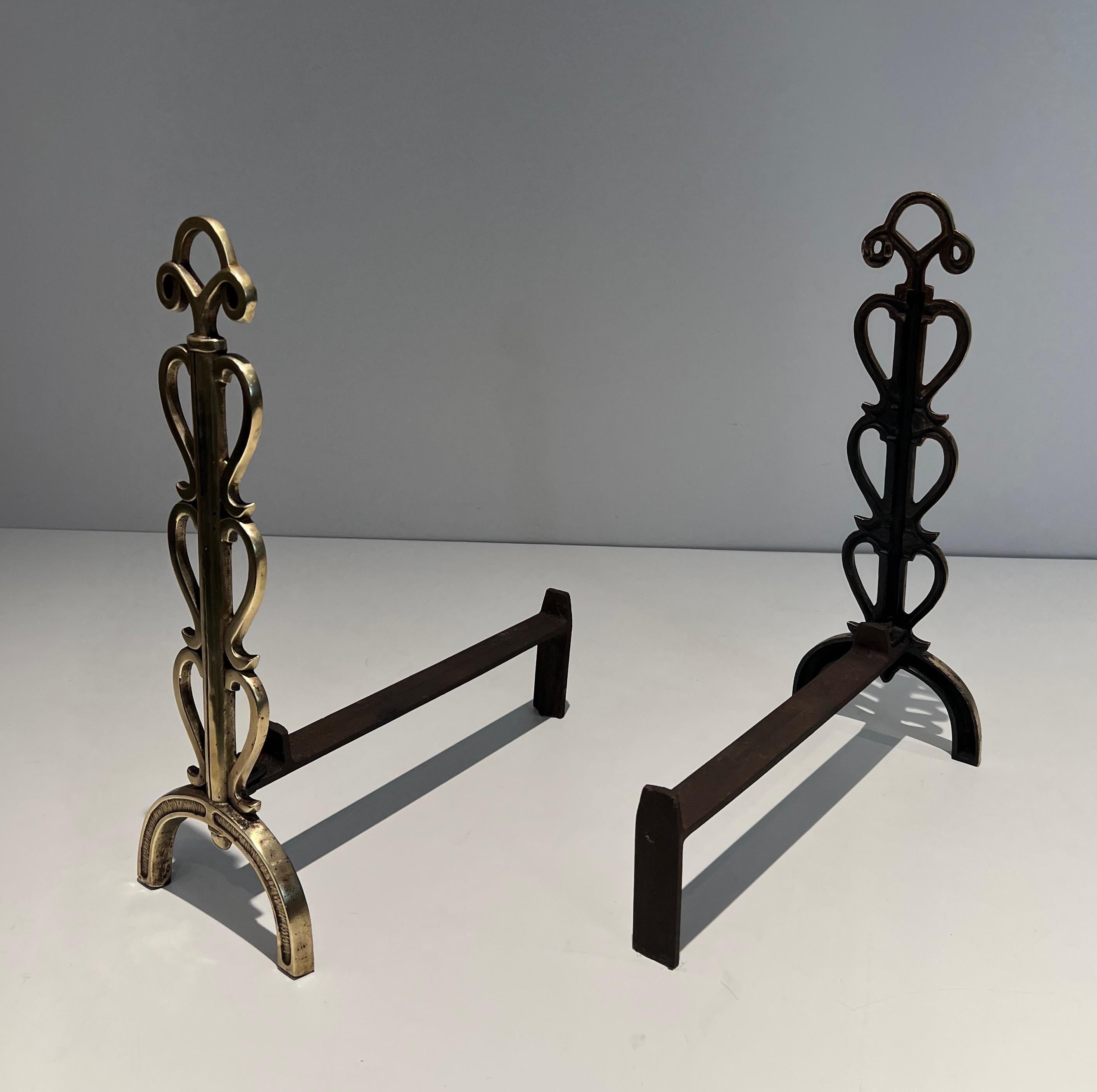 Pair of Brass Andirons in the Style of Raymond Subes For Sale 9