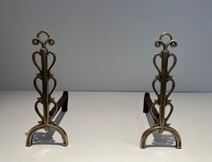 Pair of Brass Andirons in the Style of Raymond Subes