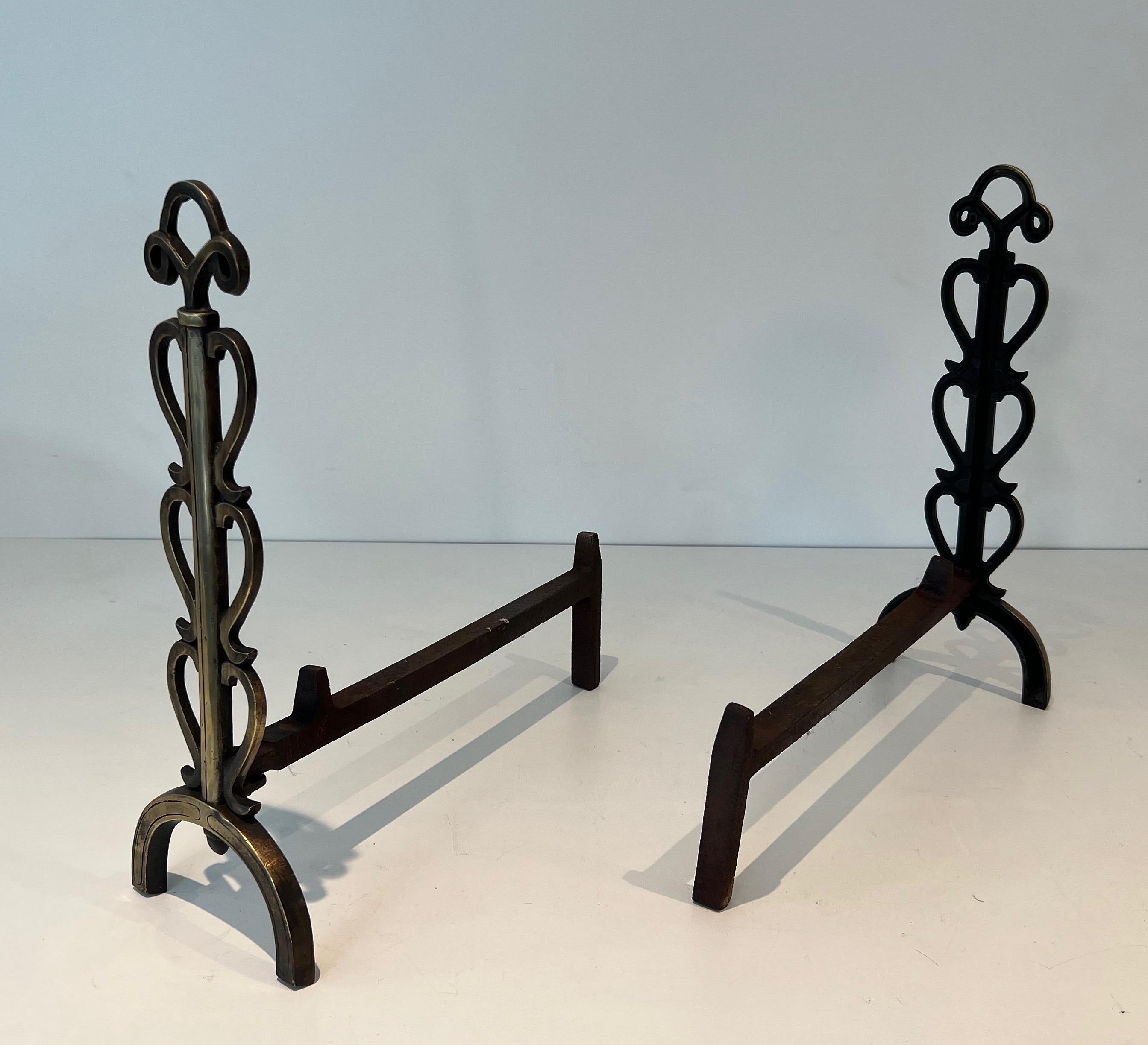 French Pair of Brass Andirons in the Style of Raymond Subes For Sale